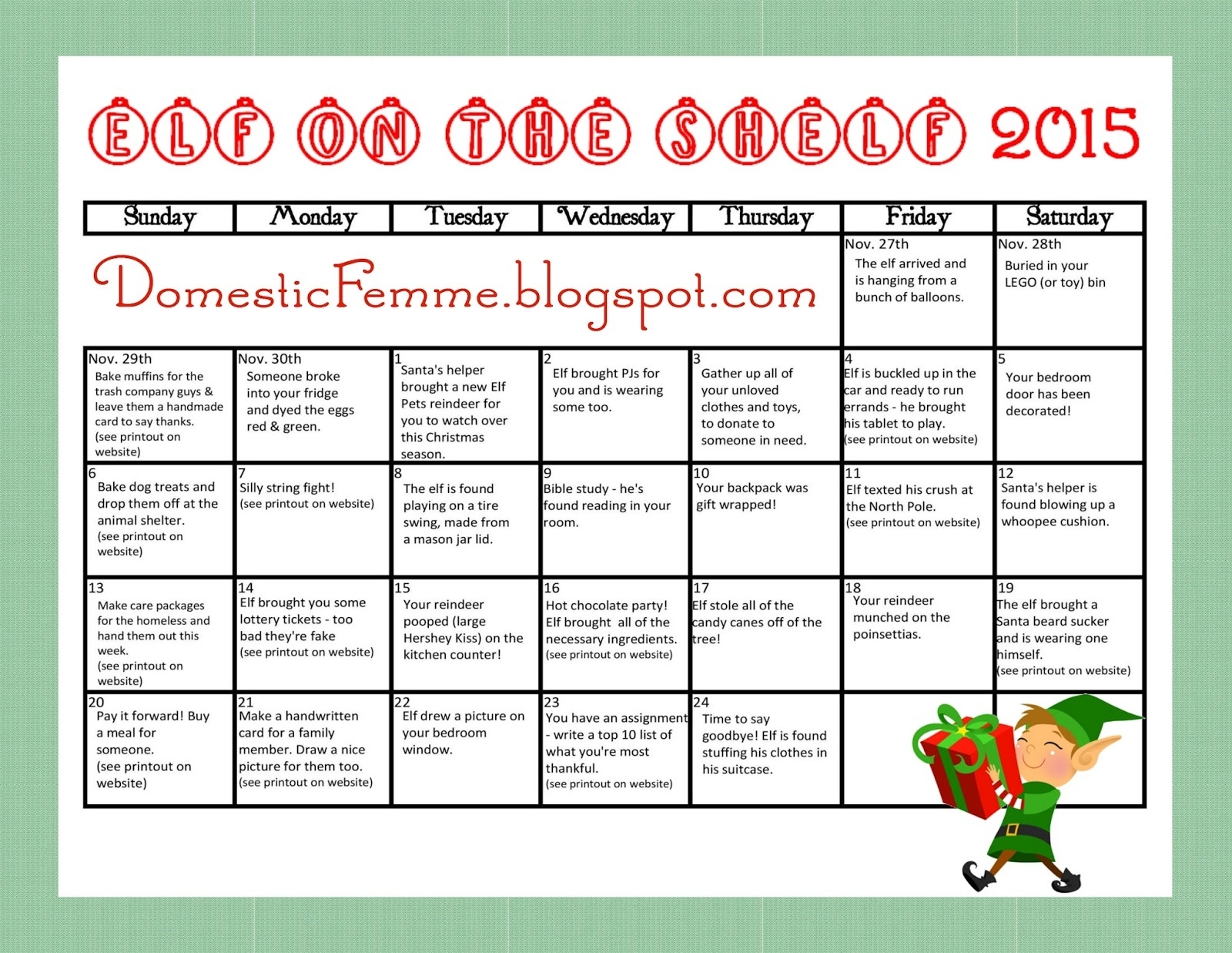 Domestic Femme: Elf On The Shelf 2015 Calendar With Free Printables  Free Printable Blow Up Calendar