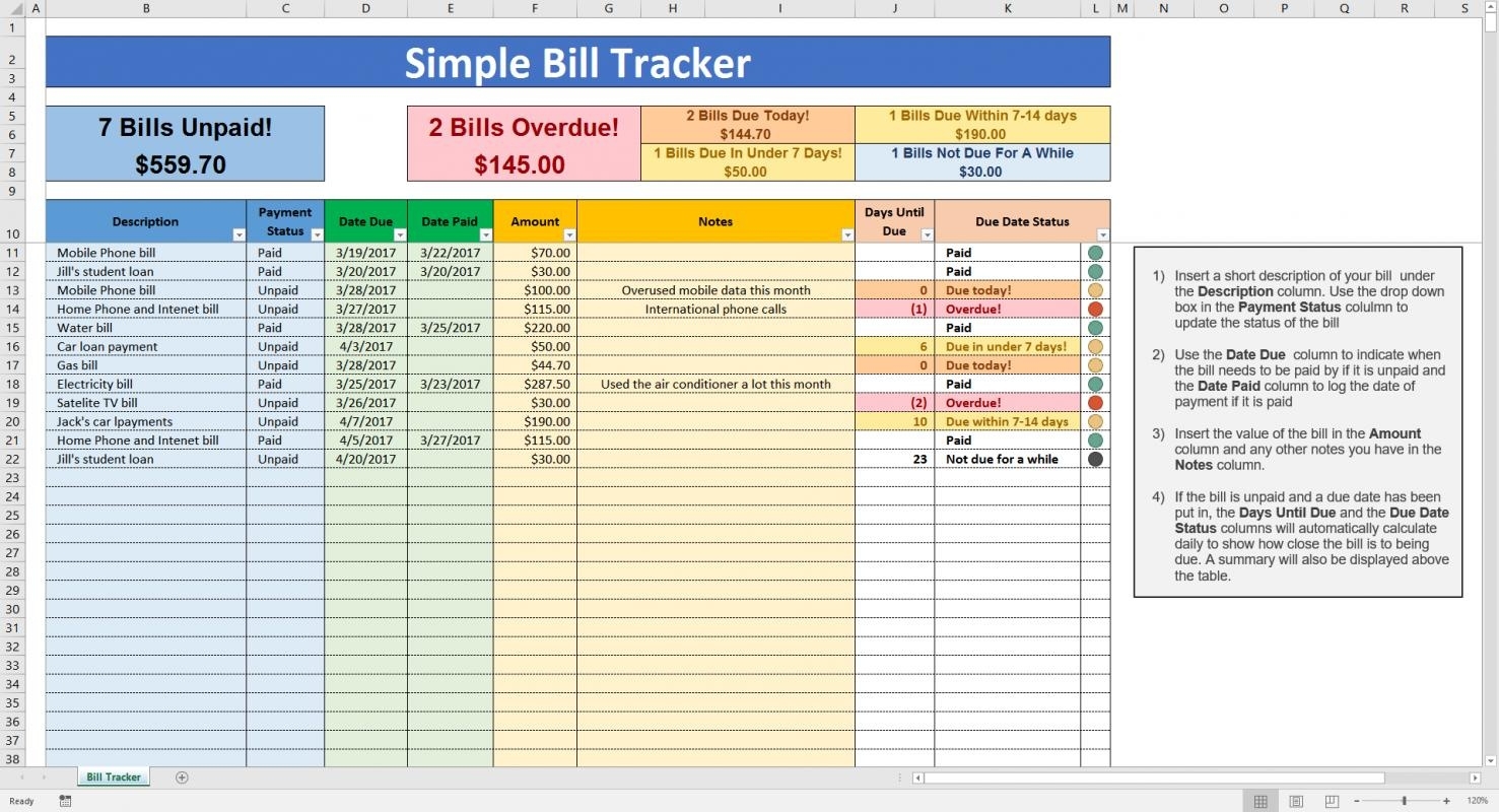 Excel Bill Tracker - Kordur.moorddiner.co  Microsoft Excel Bill Organizer Blank