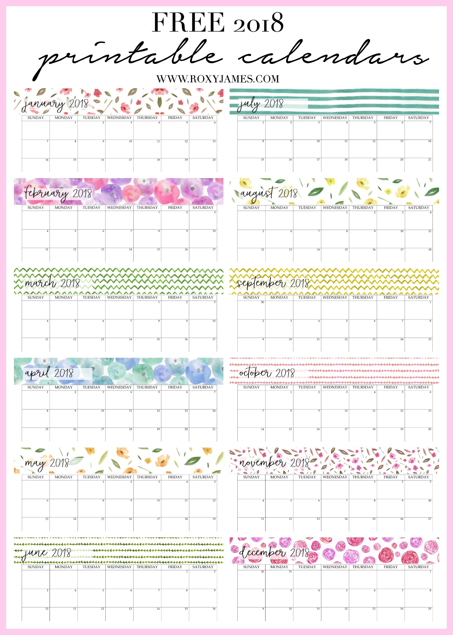 Free 2018 Printable Calendars | Bright Colourful Prints  Free Printable Blow Up Calendar
