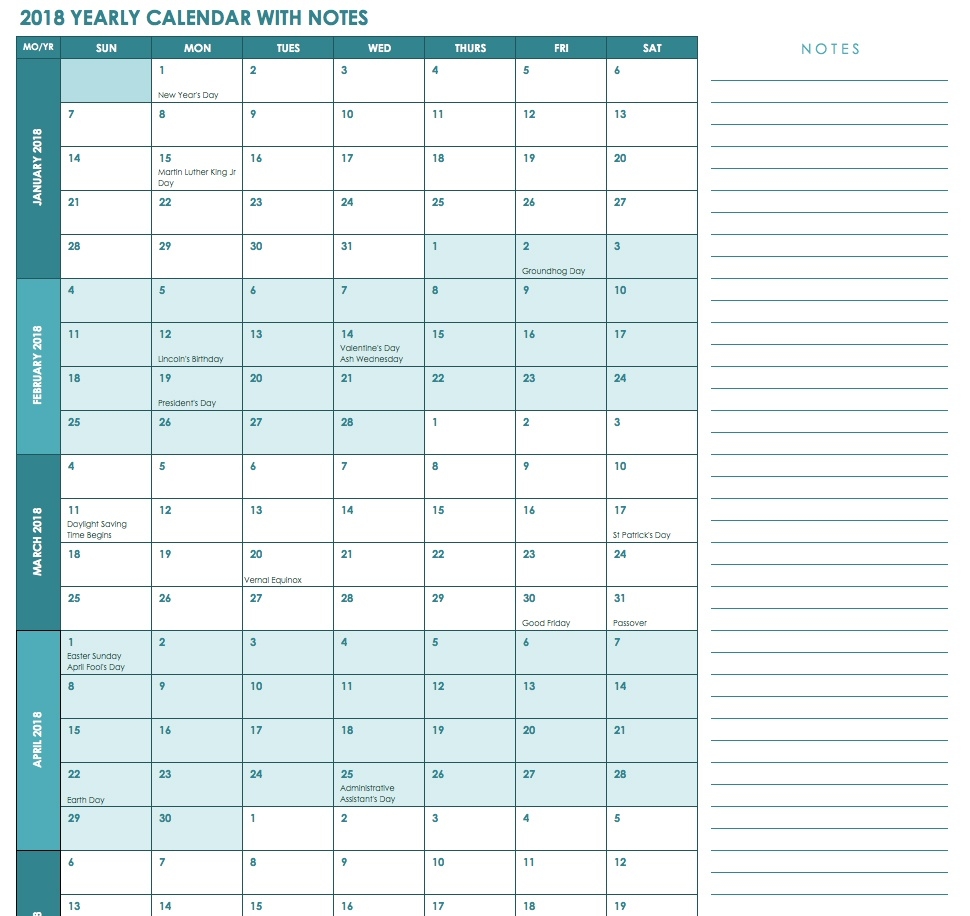 Free Excel Calendar Templates  12 Month Calendar With Room For Notes