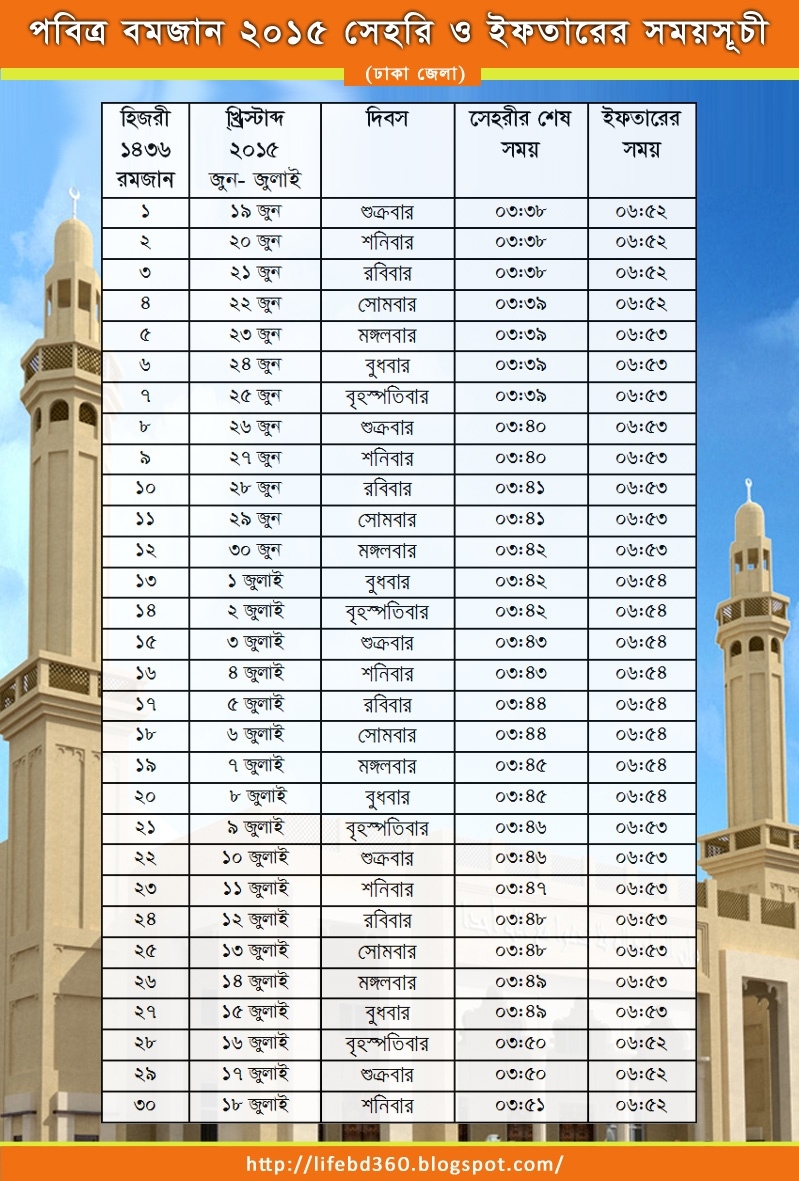 Ramadan Calendar 2015 For Dhaka Bangladesh | Life In Bangladesh  Calendar 2015 With Bangla Calendar