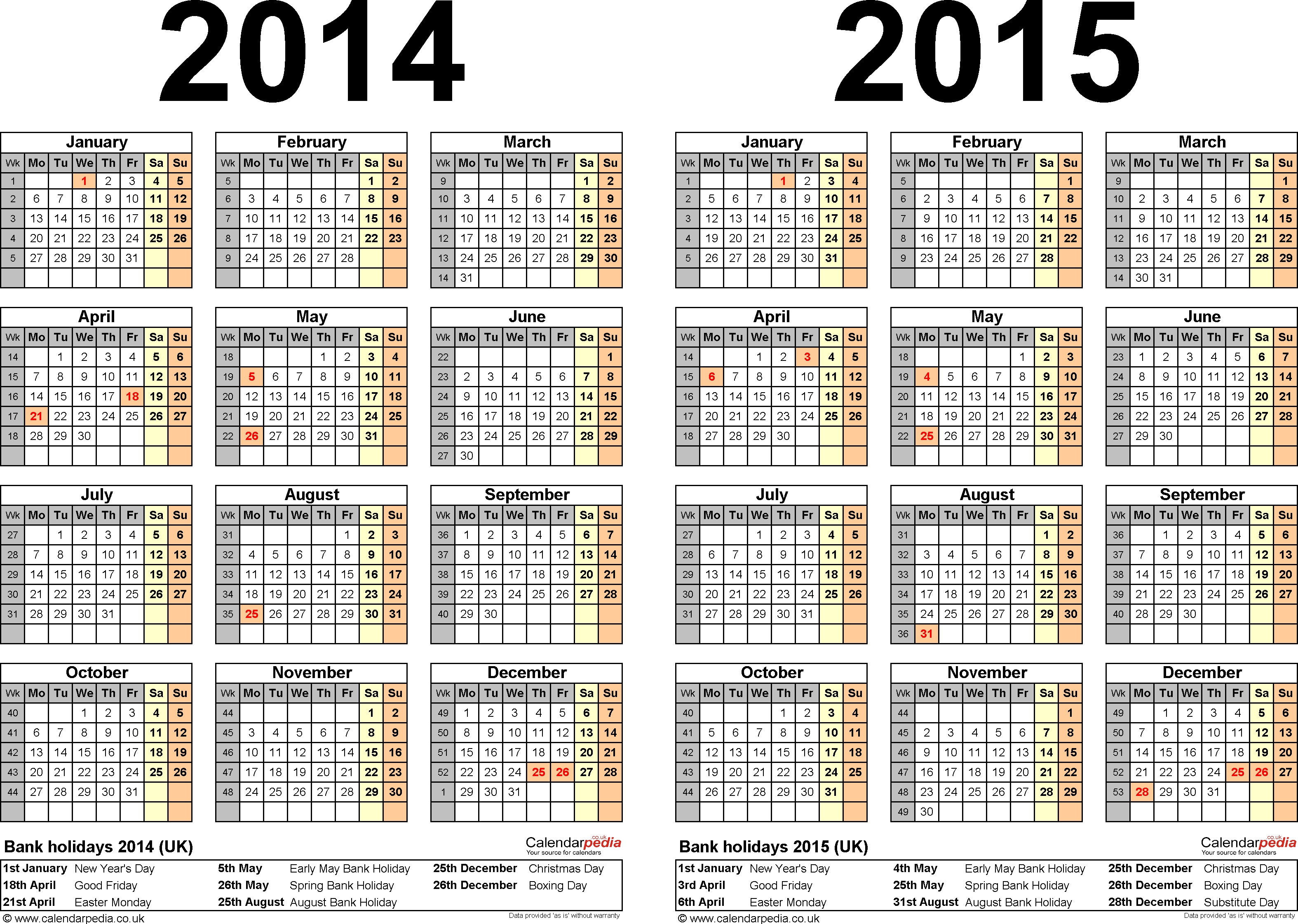 Two Year Calendars For 2014 &amp; 2015 (Uk) For Pdf  Printable Yearly Calendar 2014 2015