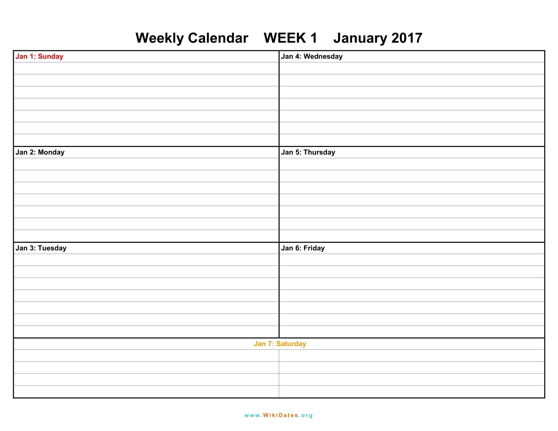 Weekly Calendar - Download Weekly Calendar 2017 And 2018| Wikidates  1 Week Vacation Calendar Printable