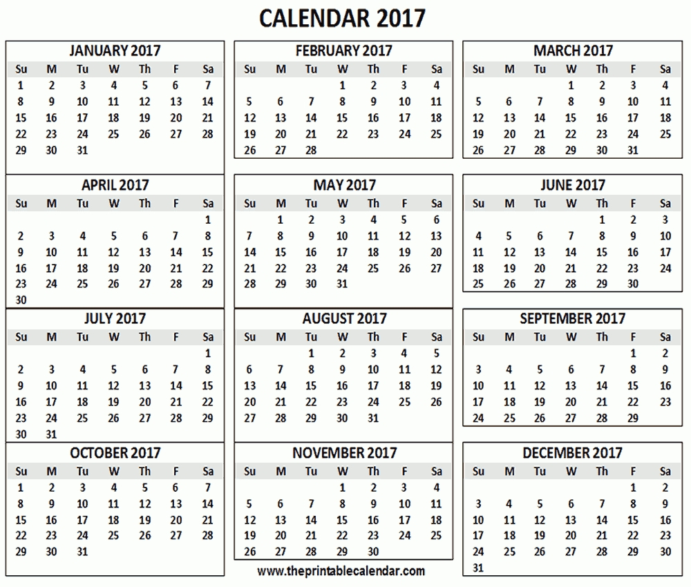 2017 Calendar Printable- 12 Months Calendar On One Page  1 Page 9 Month Calendar
