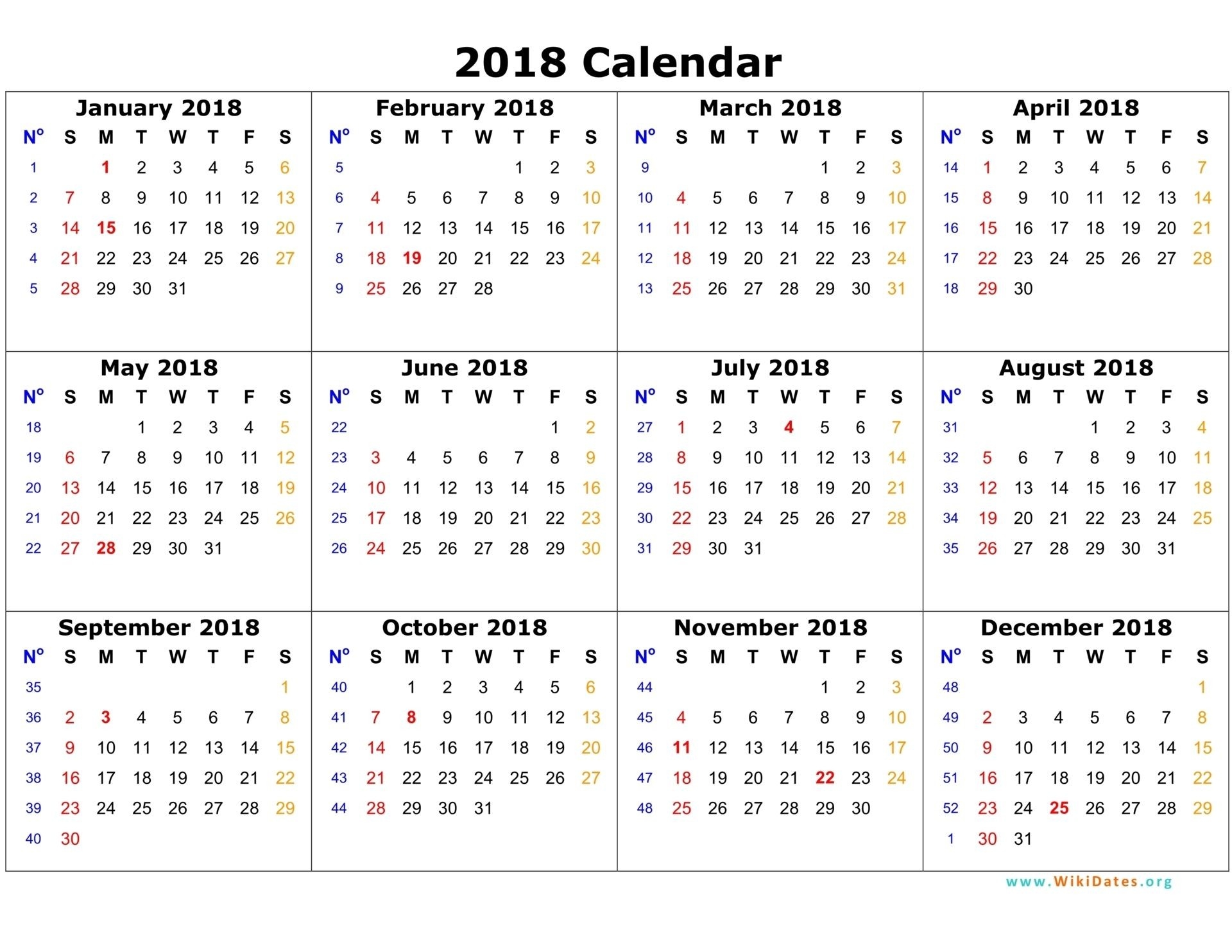 2018 Calendar On One Page | Calendar Template 2016 | Planner Stuff  1 Page 9 Month Calendar