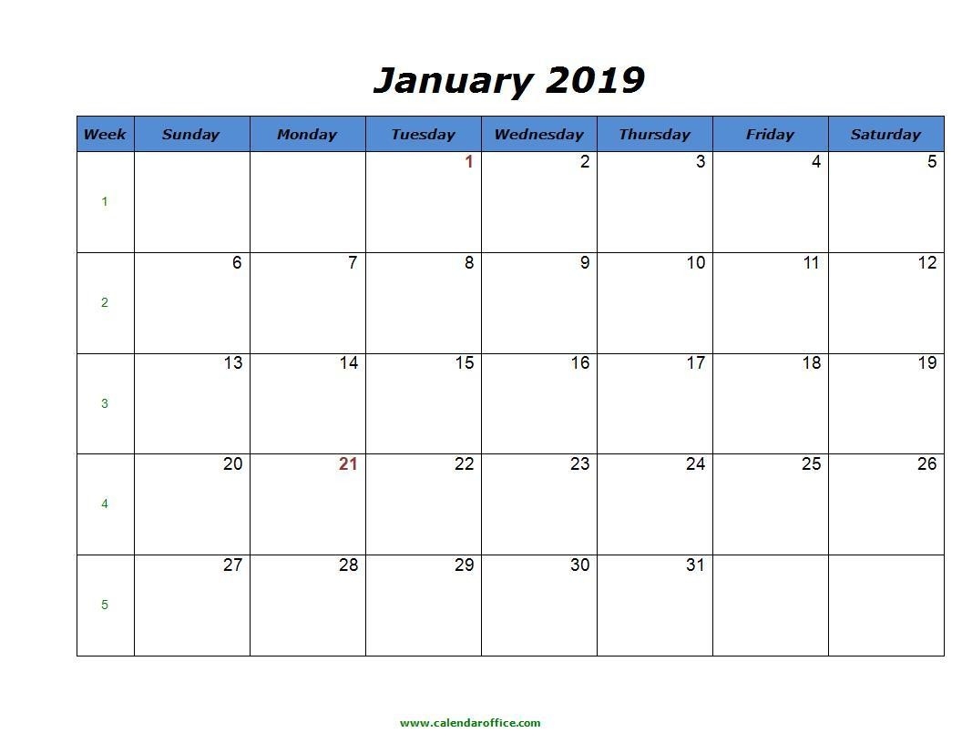 2019 Monthly Calendar Printable Templates (January To December  31 Day Month Calendar Printable