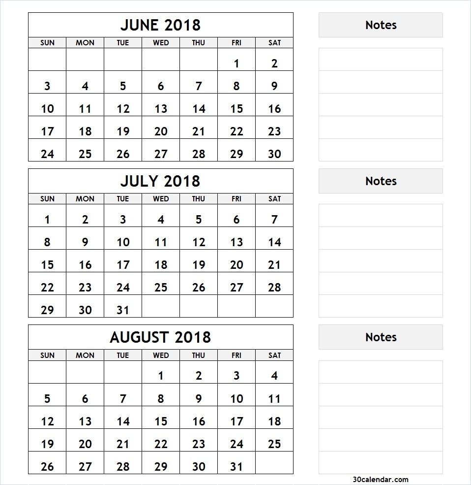 3 Month Calendar June July August 2018 | 2018 Calendar | Calendar  Calender For Last 3 Months