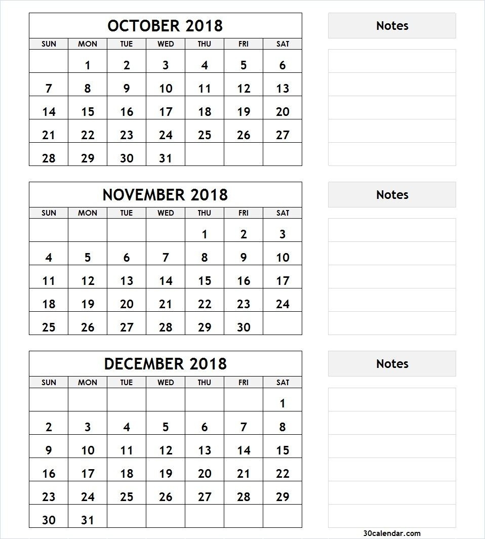 3 Month Calendar October November December 2018 | 2018 Calendar | 3  Calender For Last 3 Months