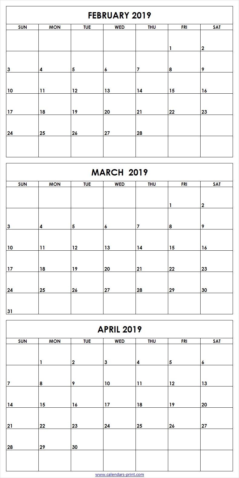 3 Monthly February March April 2019 Calendar | Editable Template  Calender For Last 3 Months