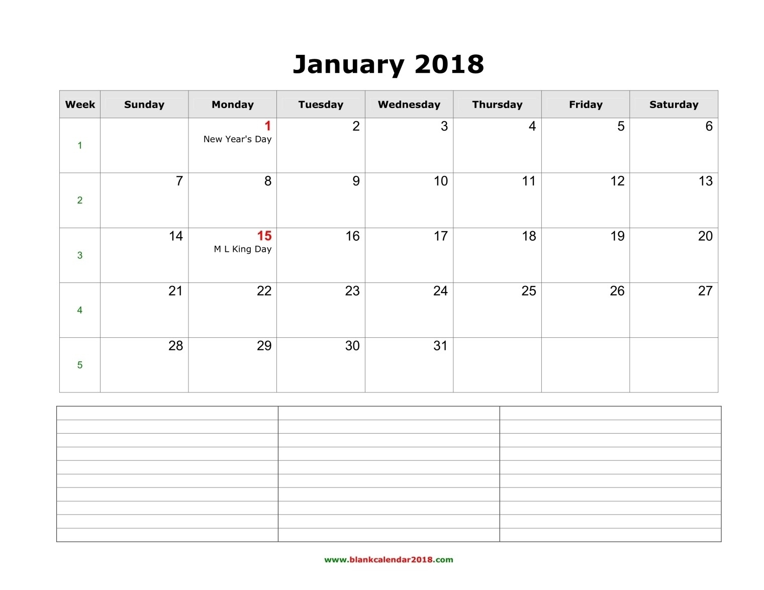 Blank Calendar 2018  31 Day Month Calendar Printable