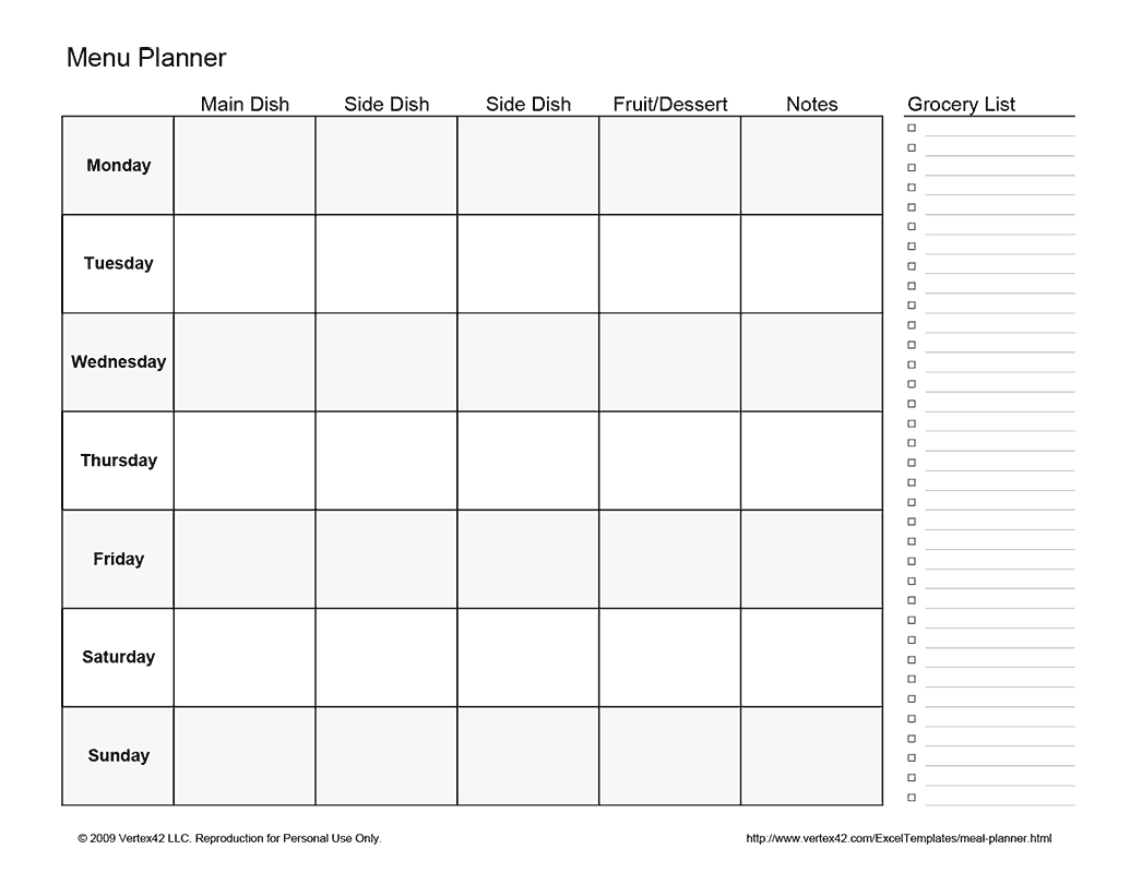 Free Printable Weekly Menu Planner (Pdf) From Vertex42 | Healthy  Calendar Weekly Menu Print Outs