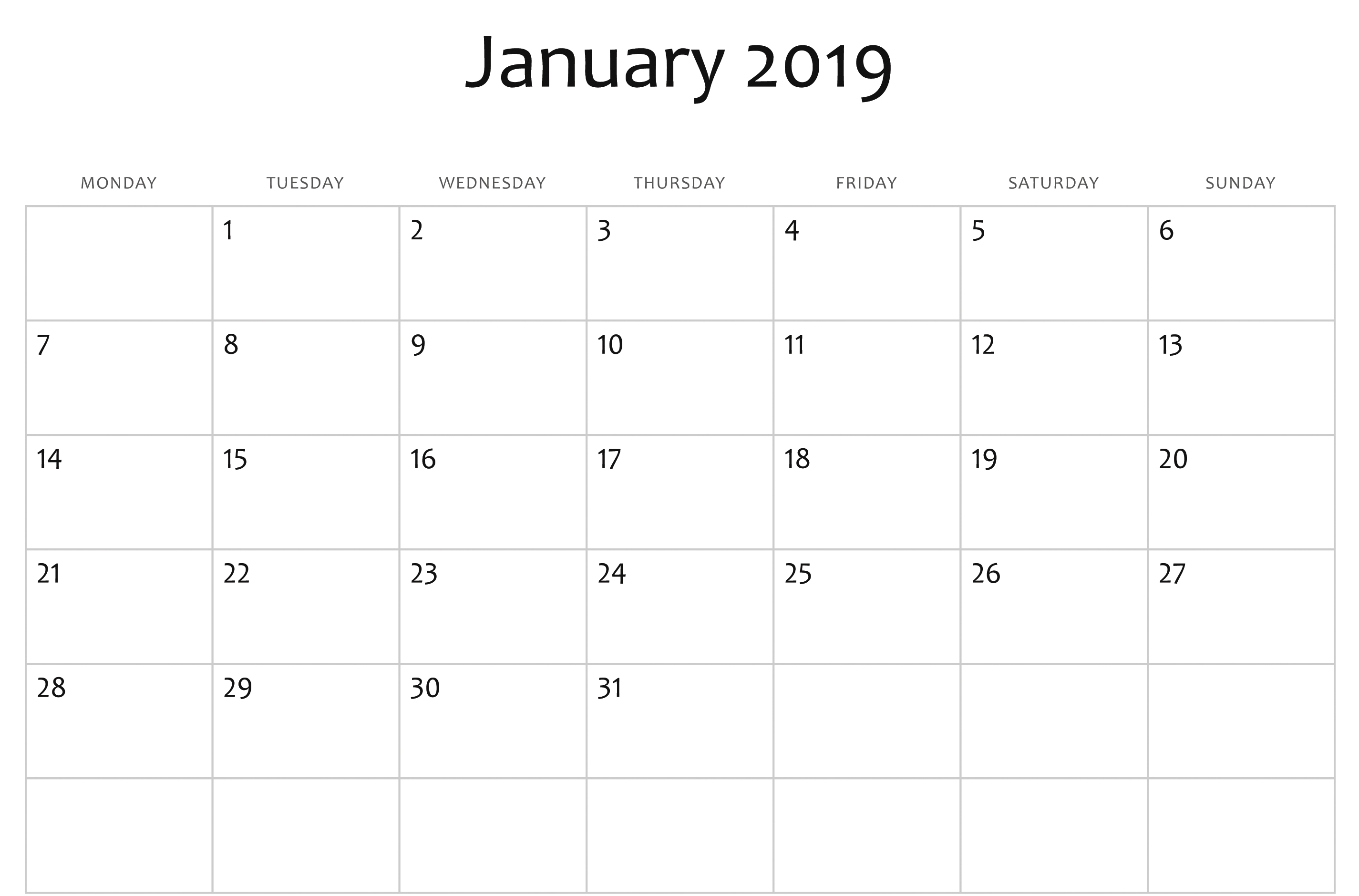 January 2019 Calendar A4 - Free March 2019 Calendar Printable  Calendar Blank Printable Monday Start A4