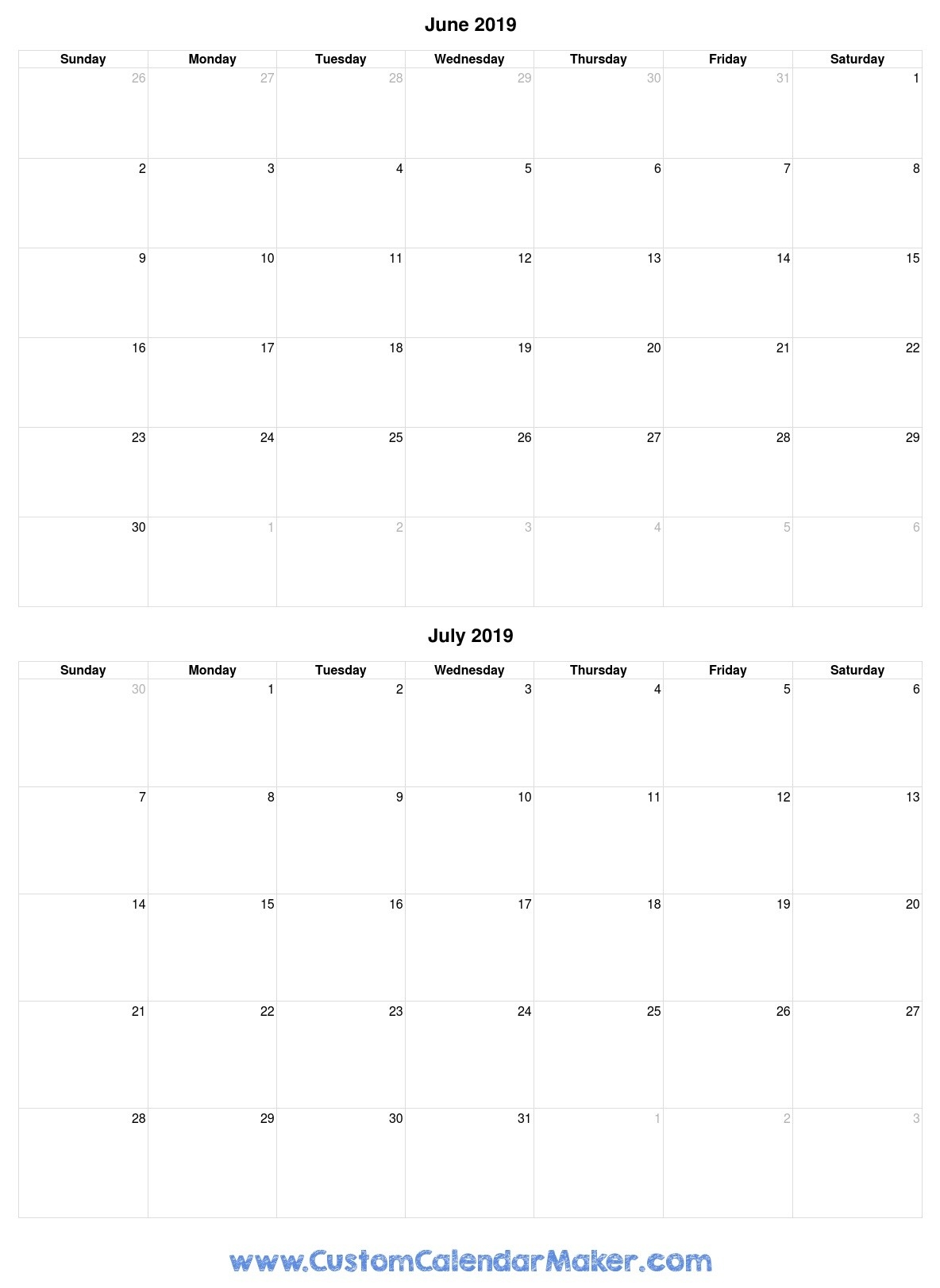 June And July 2019 Free Printable Calendar Template  Calendar For June July