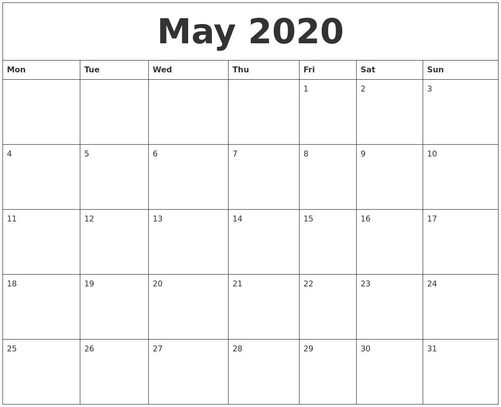 May 2020 Blank Monthly Calendar Template  Month To Month Calendar Printable