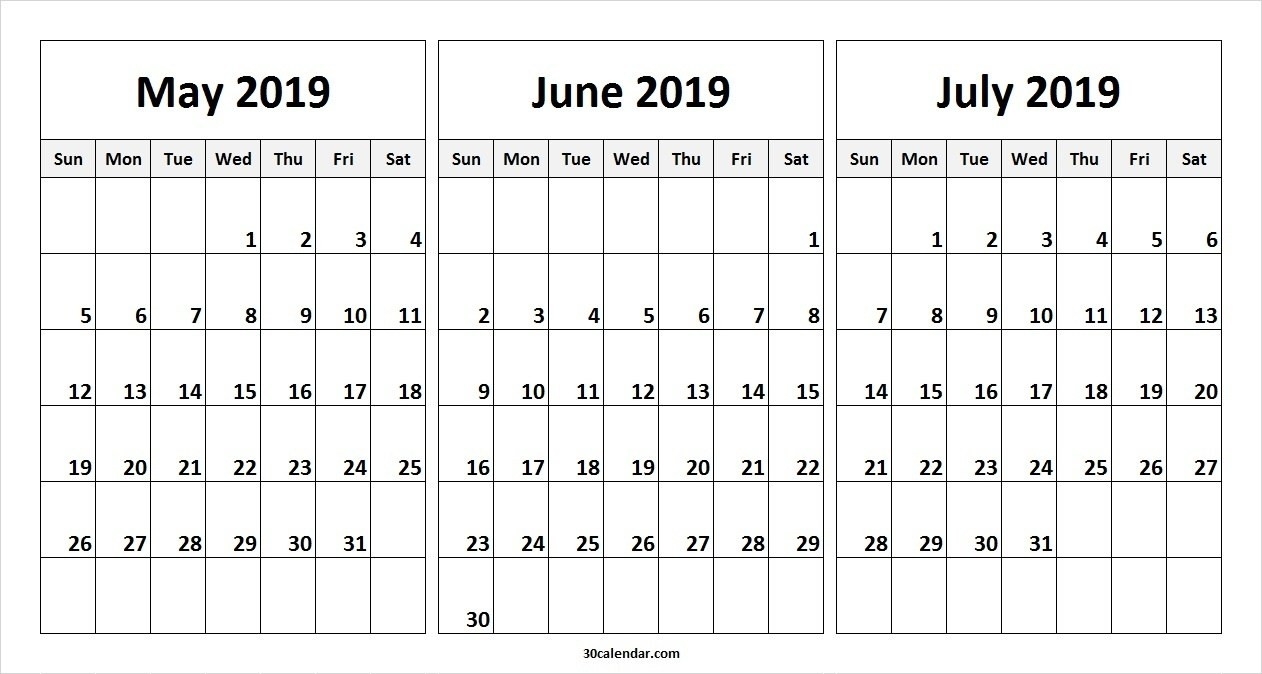 May June July 2019 Calendar (3 Months) Templates Printable – May  Calender For Last 3 Months
