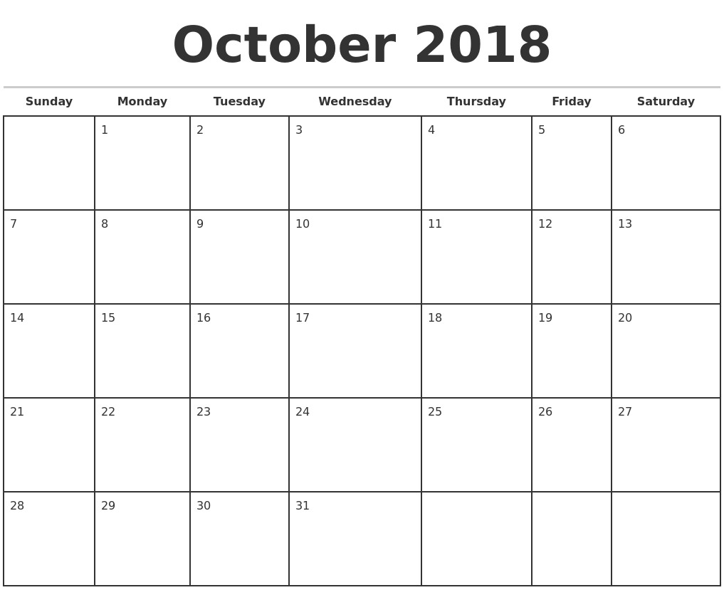 October 2018 Monthly Calendar Template Regarding Printable Monthly  Free Blank Printable Monthly Calendar