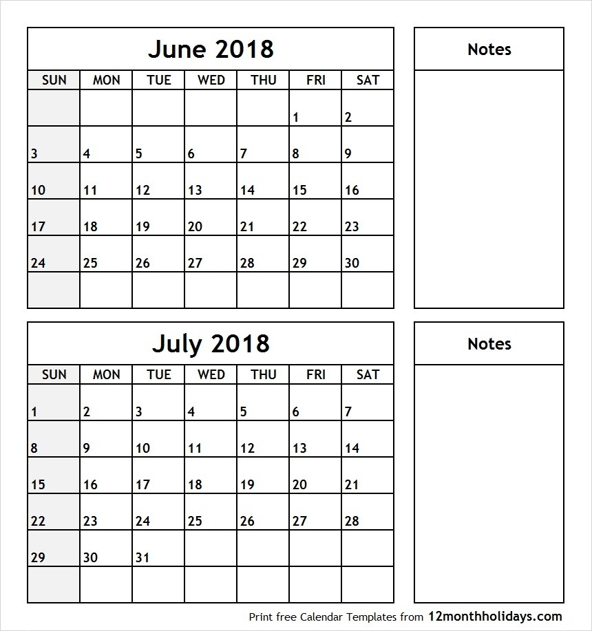 Print June July 2018 Calendar Template | 2 Month Calendar  Calendar For June July