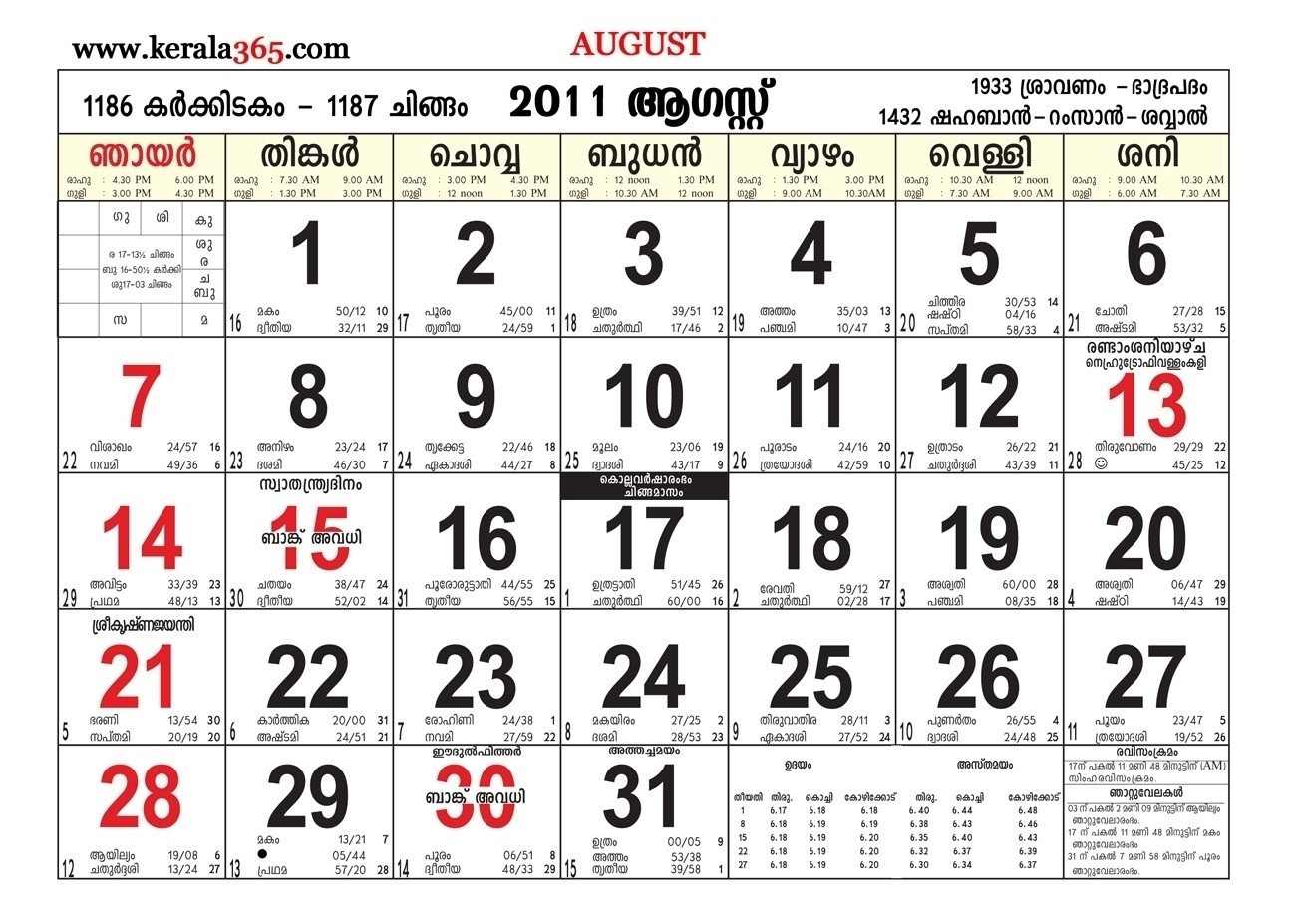 1996 August 29 Malayalam Calendar - Calendar Inspiration Design  Calendar 2001 Malayalam August Image