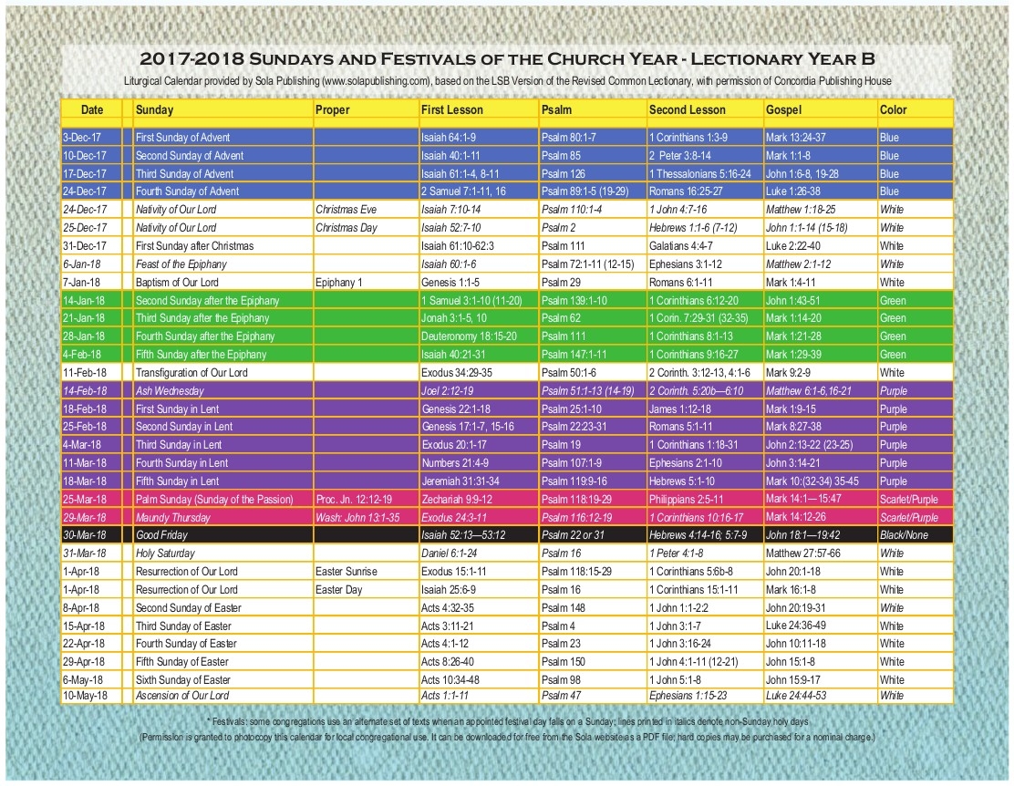 2018 Liturgical Calendar (Year B 2017 2018) K 2018 | Sola  Methodist Lectionary Calendar 2020