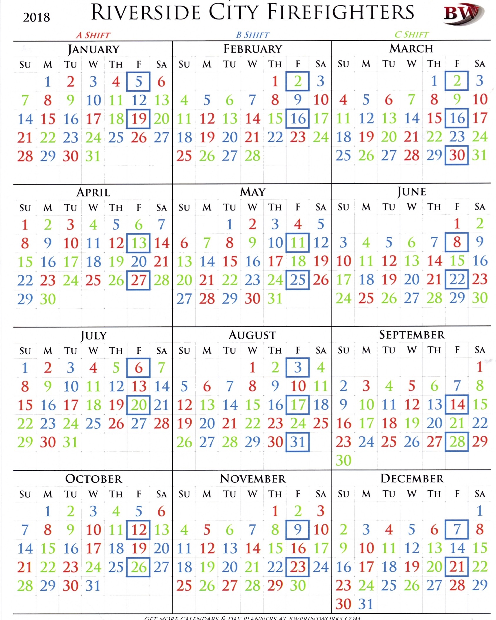 2018 Shift Calendar - Riverside City Firefighters Association  Riverside Fire Department Shift Calendar