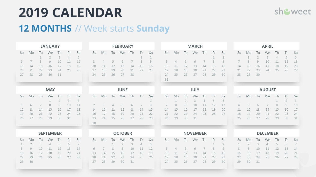 2019 Calendar Powerpoint Templates  Calendar At A Glance Template Powerpoint