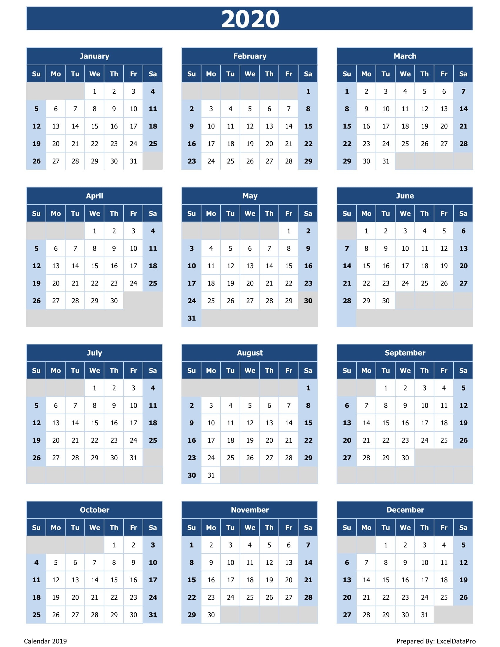 2020 Calendar Excel Templates, Printable Pdfs &amp; Images  Full Size Calendar 2020
