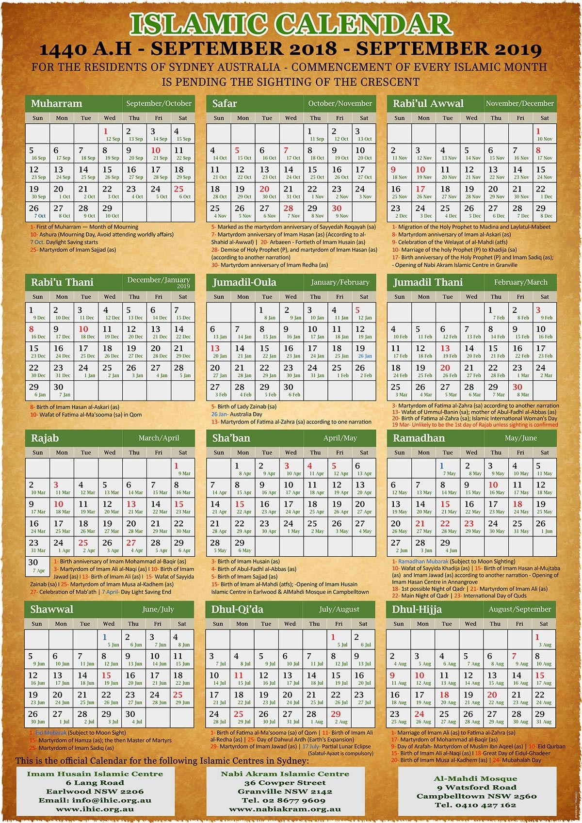 Annual Islamic Calendar 1440 A.h. (2019) – Imam Husain  Shia Islamic Hijri Calendar 2020