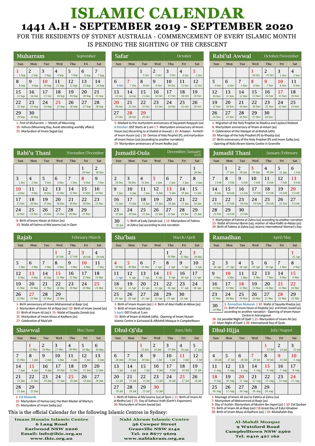 Annual Islamic Calendar 1441 A.h. (2020) – Imam Husain  Islamic Calendar 2020 Pdf