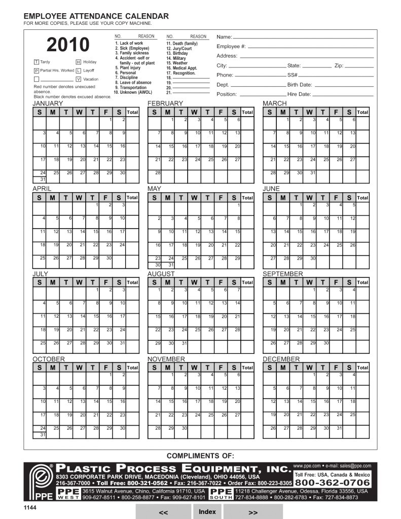 Attendance Calendar 2016 Free | Jcreview  Ppe 2020 Employee Attendance Calendar 2020