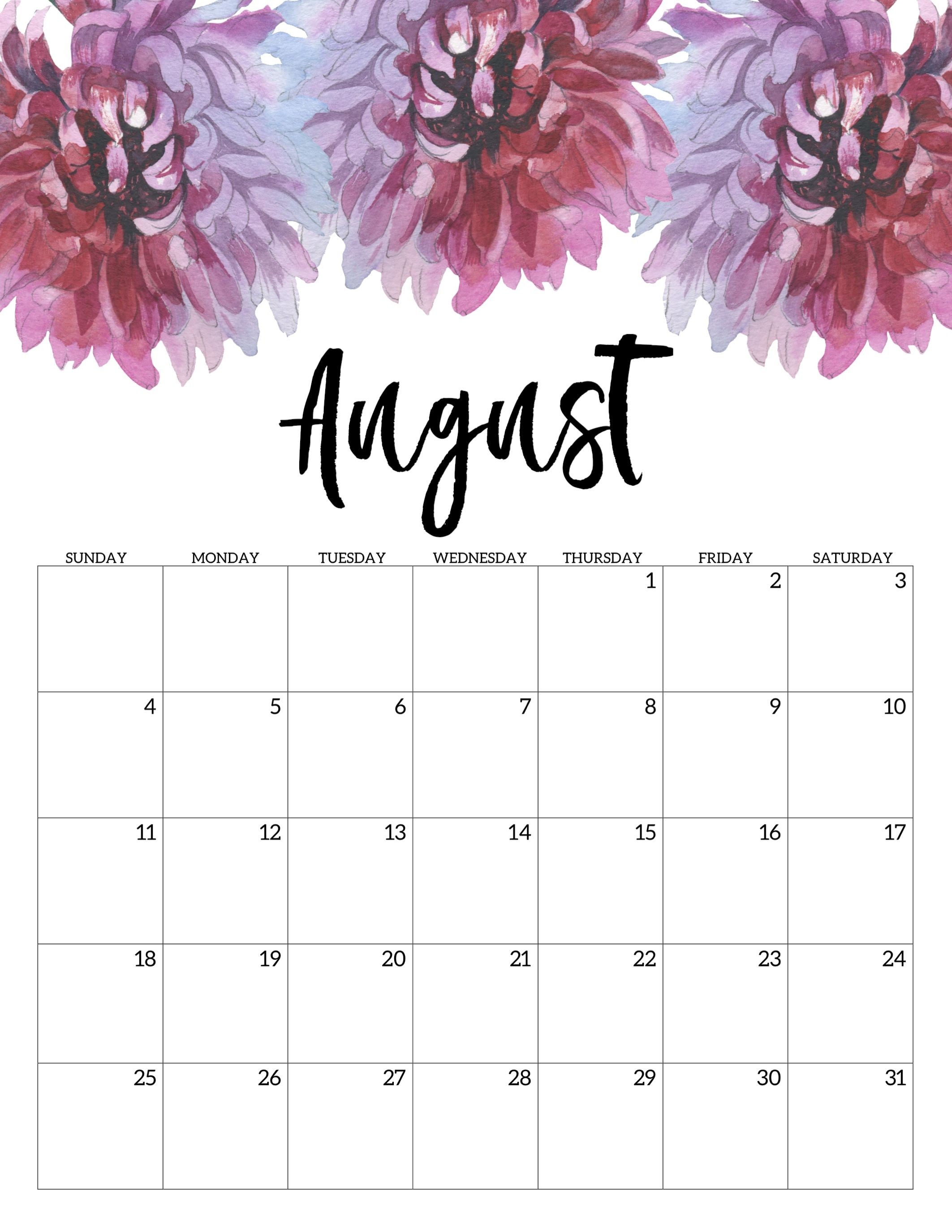August 2019 Floral Calendar #august #august2019  Monthly Calendar August  2020 8 X 11