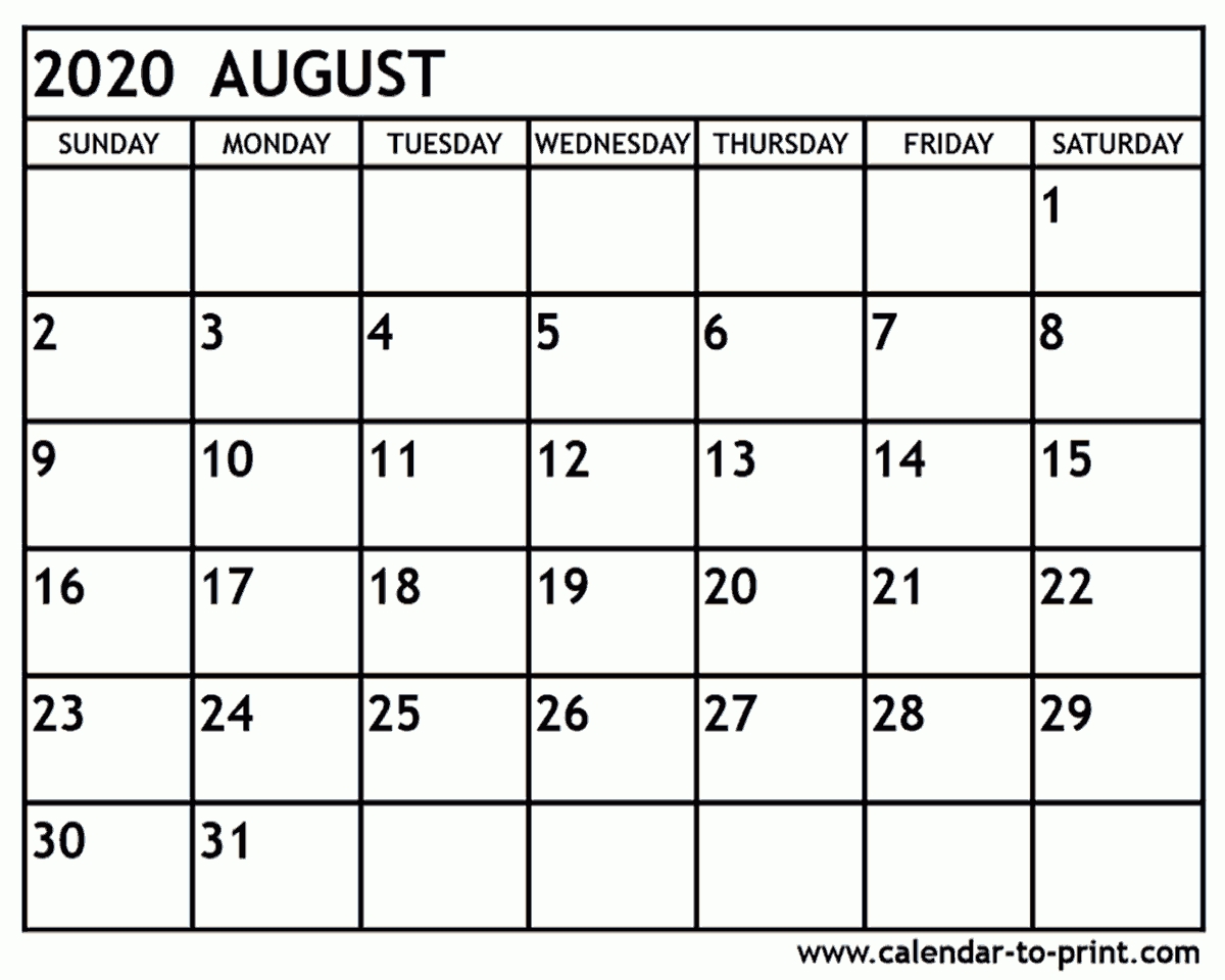 August 2020 Calendar Printable  2020 Calendar August To December