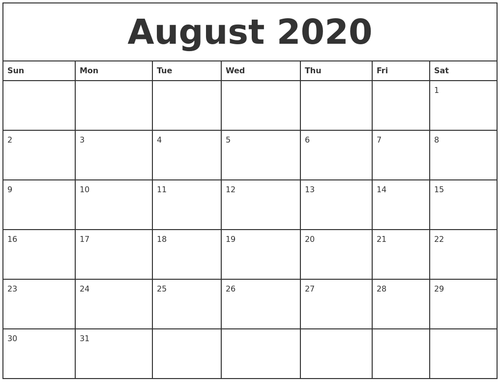 August 2020 Printable Monthly Calendar  Calendar August To December 2020