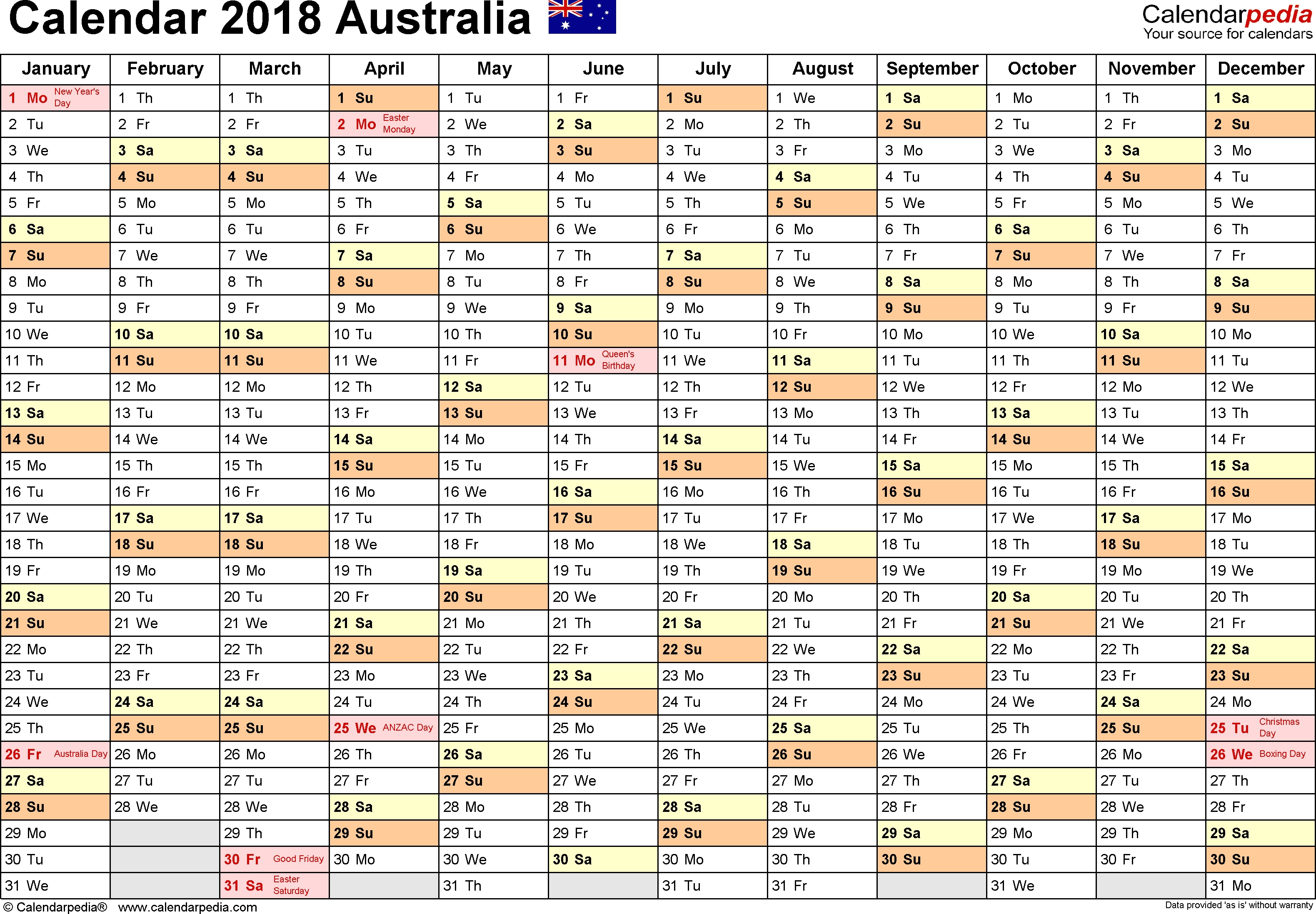 Australia Calendar 2018 - Free Word Calendar Templates  Australian Financial Year Calendar
