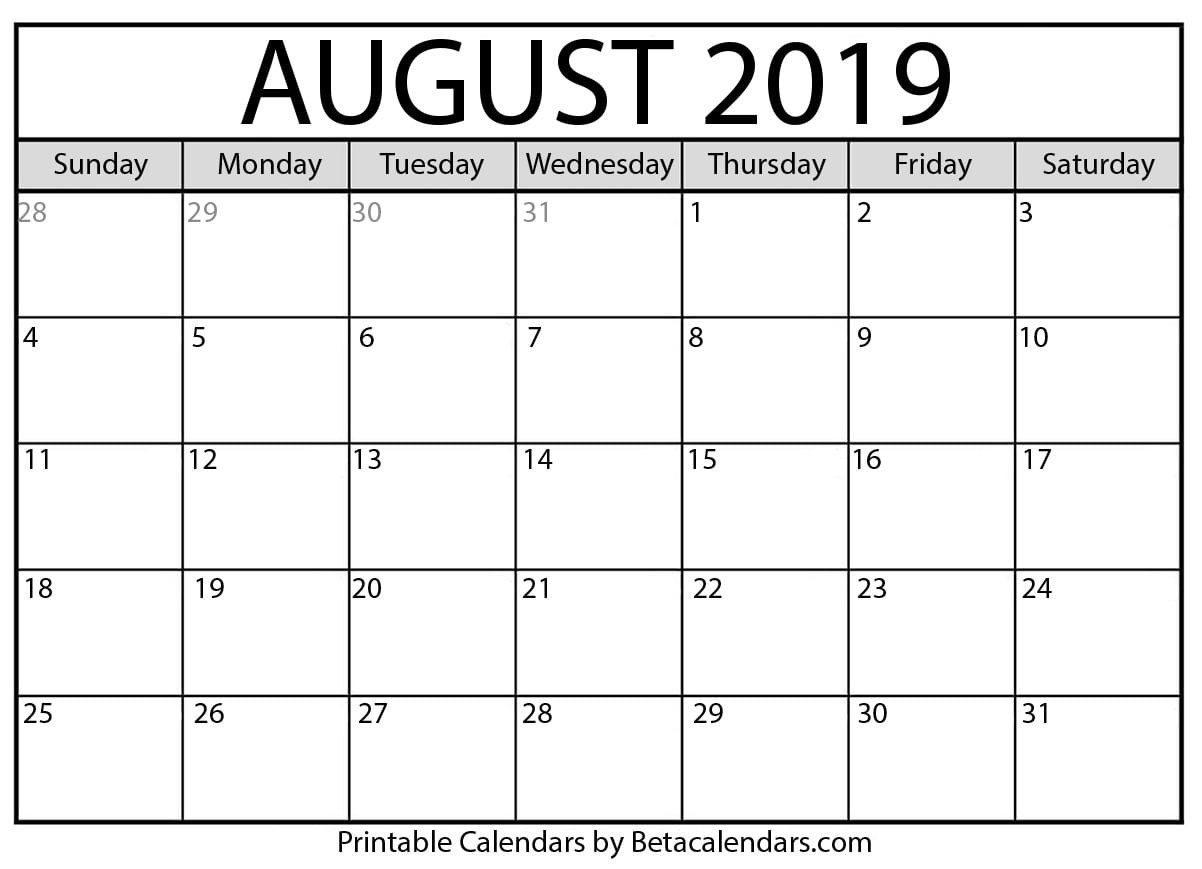 Blank August 2019 Calendar Printable - Beta Calendars  National Food Days 2020 Printable