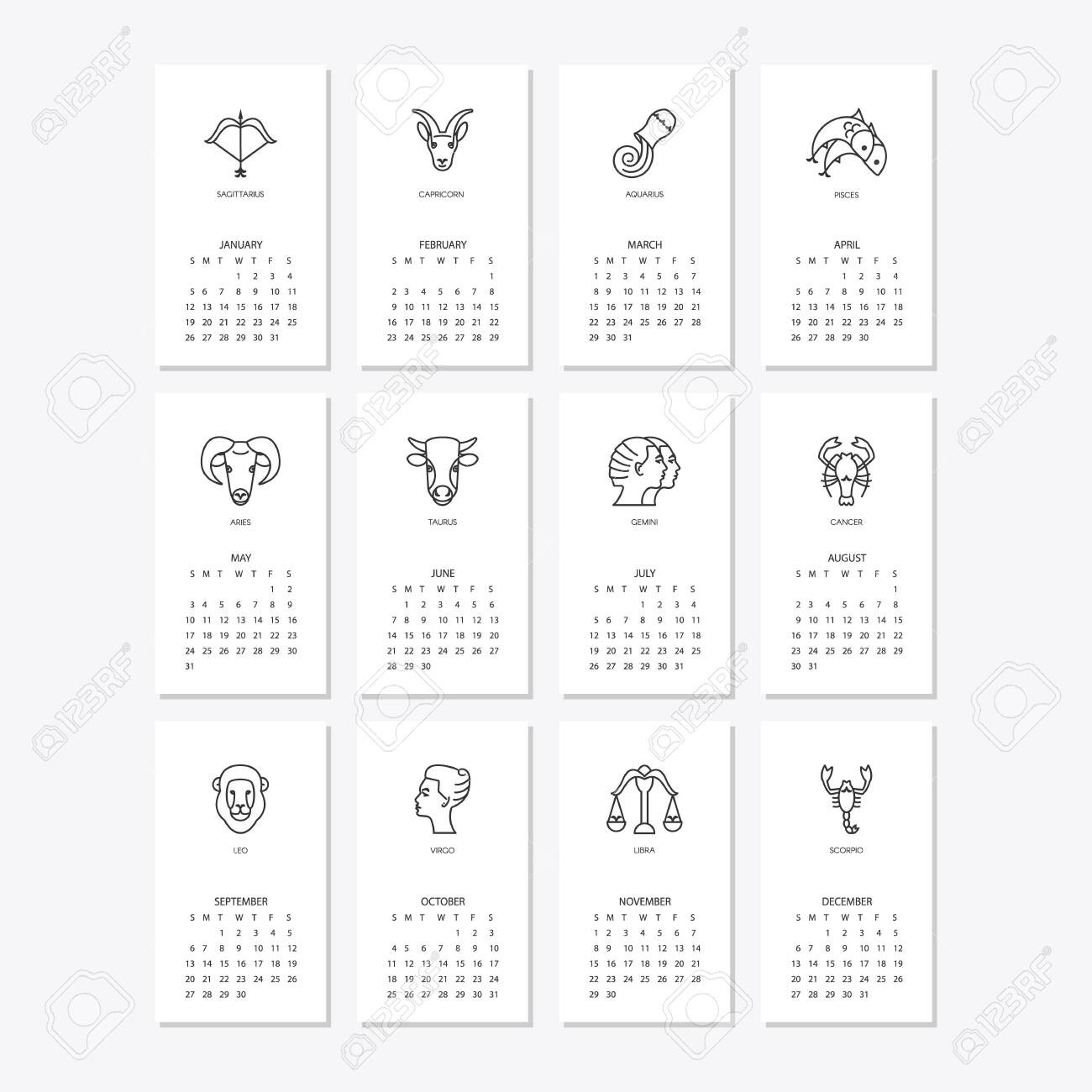 Calendar 2020 With Horoscope Signs Zodiac Symbols Set  2020 Calendar With Zodiac Signs