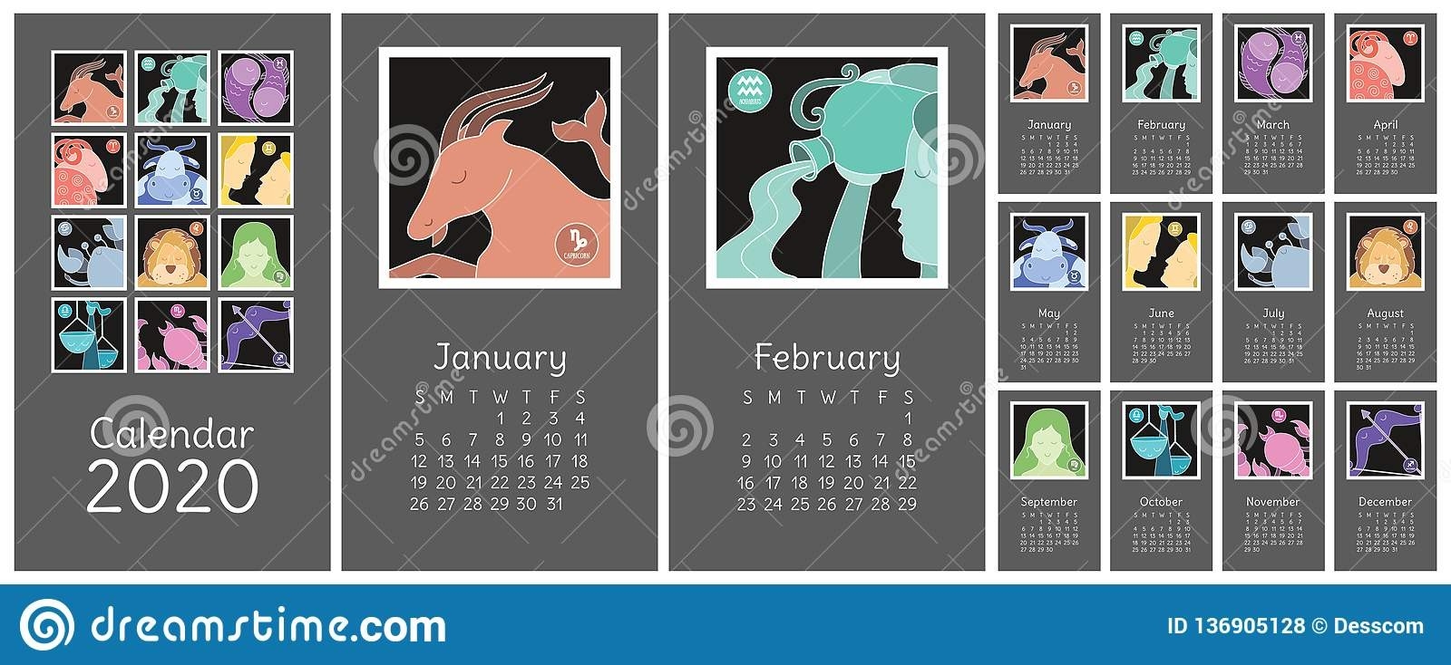 Calendar 2020. Zodiac Signs: Aquarius, Libra, Leo, Taurus  2020 Calendar With Zodiac Signs