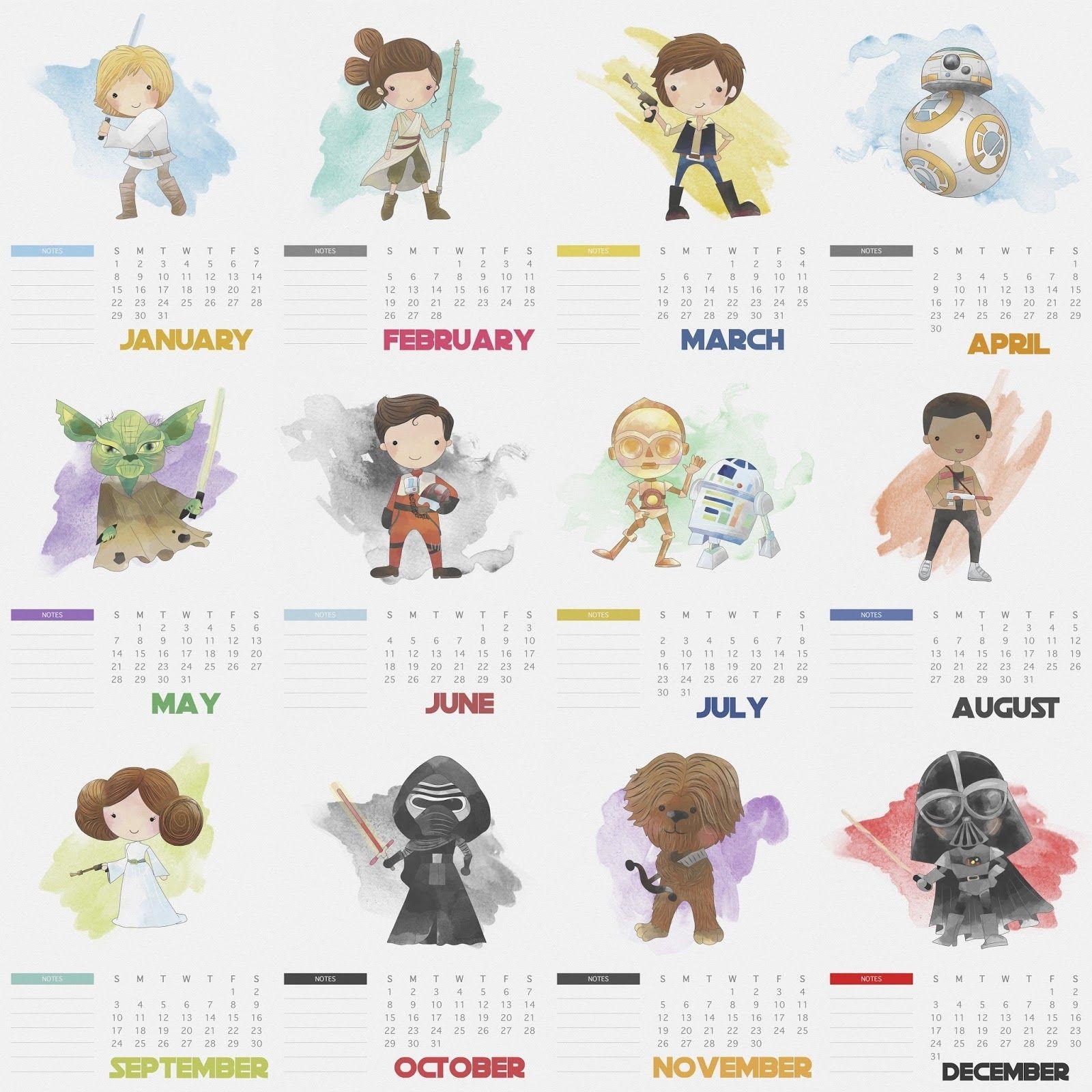Calendario 2017 De Star Wars Para Imprimir Gratis | Diy  Calendario Star Wars 2020 Para Imprimir