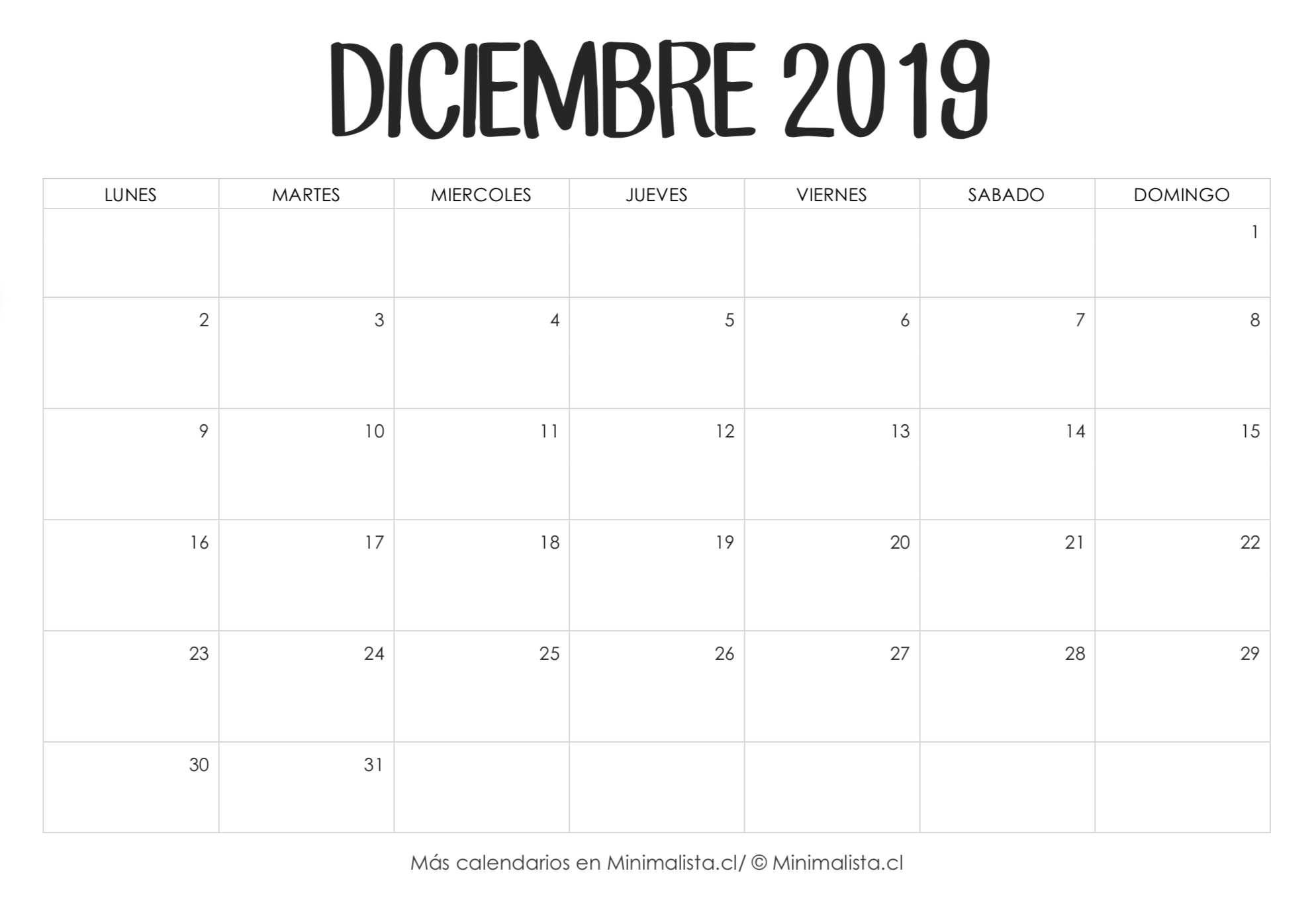 Calendarios 2019 Para Imprimir - Minimalista  Calendario Para Imprimir Mes Por Mes 2020