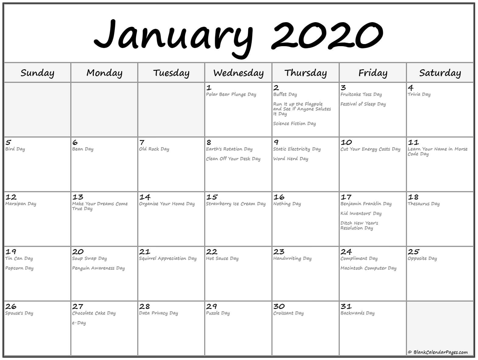 Collection Of January 2020 Calendars With Holidays  2020 Fun National Holiday Calendar