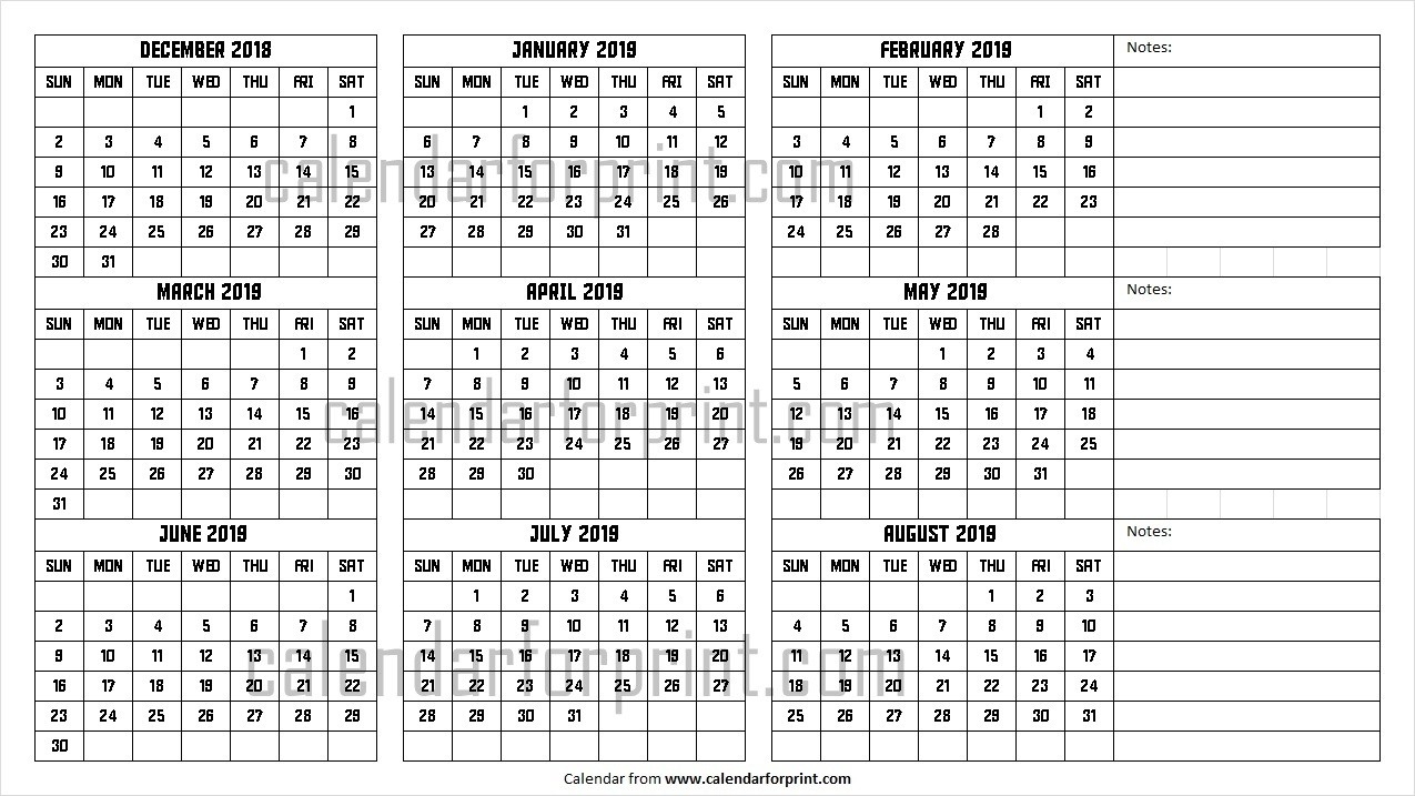 December 2018 To August 2019 Calendar | Design Dec To Aug 2019  August To December Calendar