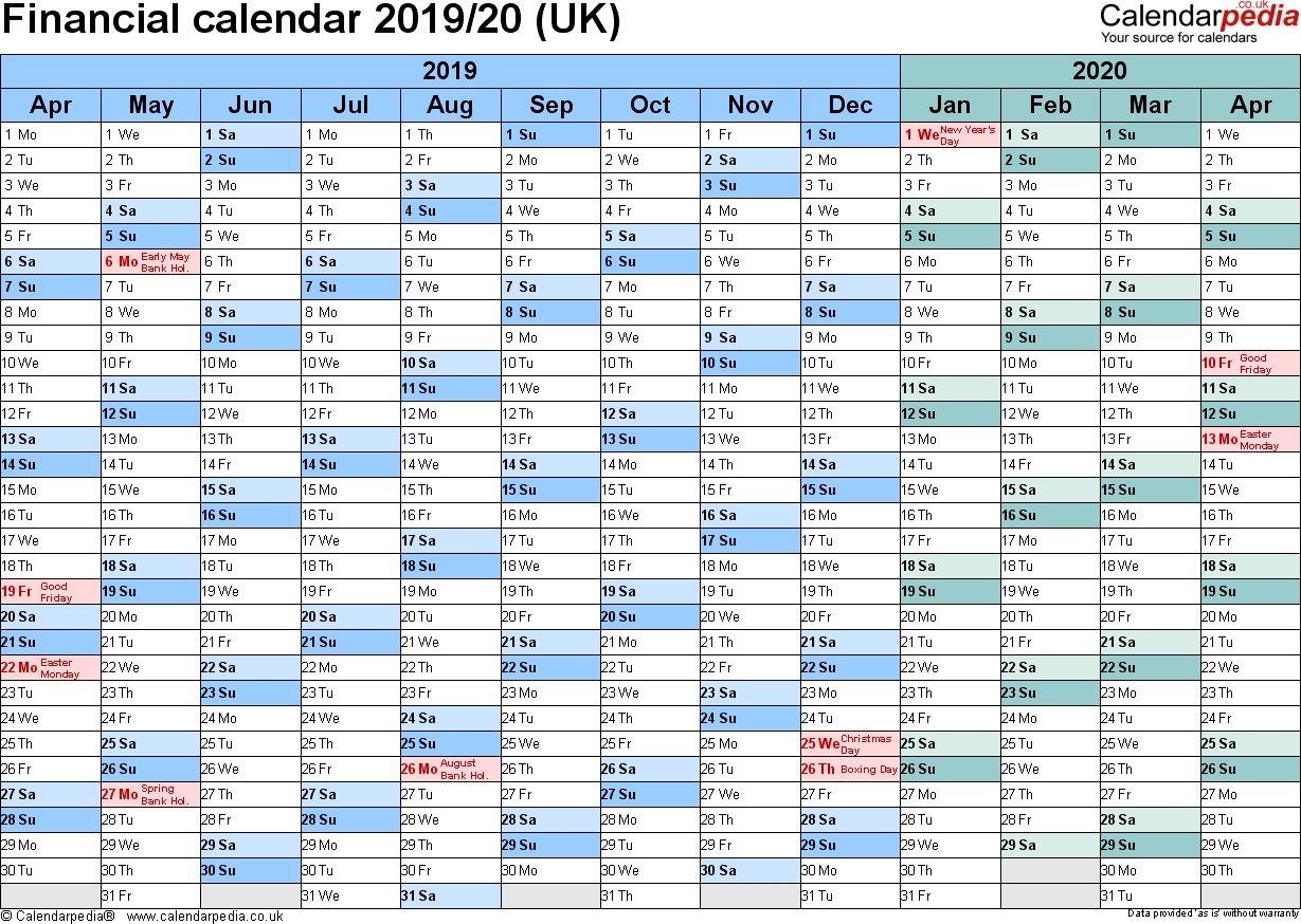 Financial Calendars 2019/20 (Uk) In Microsoft Excel Format  2020 Financial Year Calender