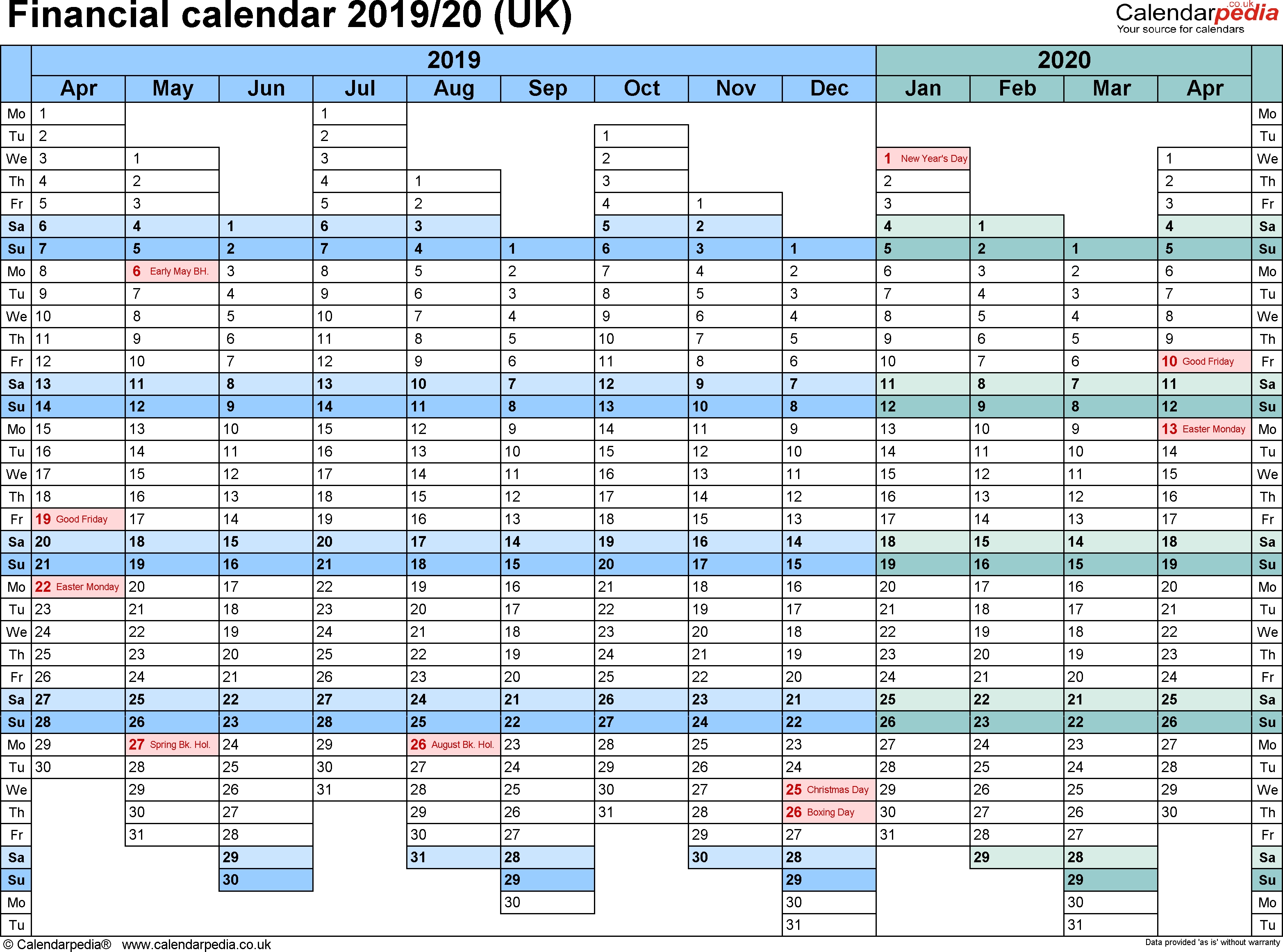 Financial Calendars 2019/20 (Uk) In Pdf Format  2020 Tax Week Calendar
