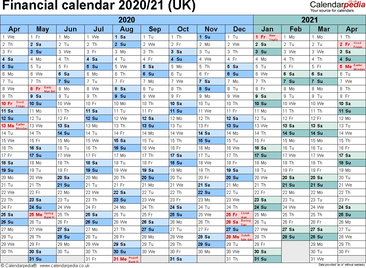 Financial Calendars 2020/21 (Uk) In Pdf Format  2020 2020 Financial Year Planner