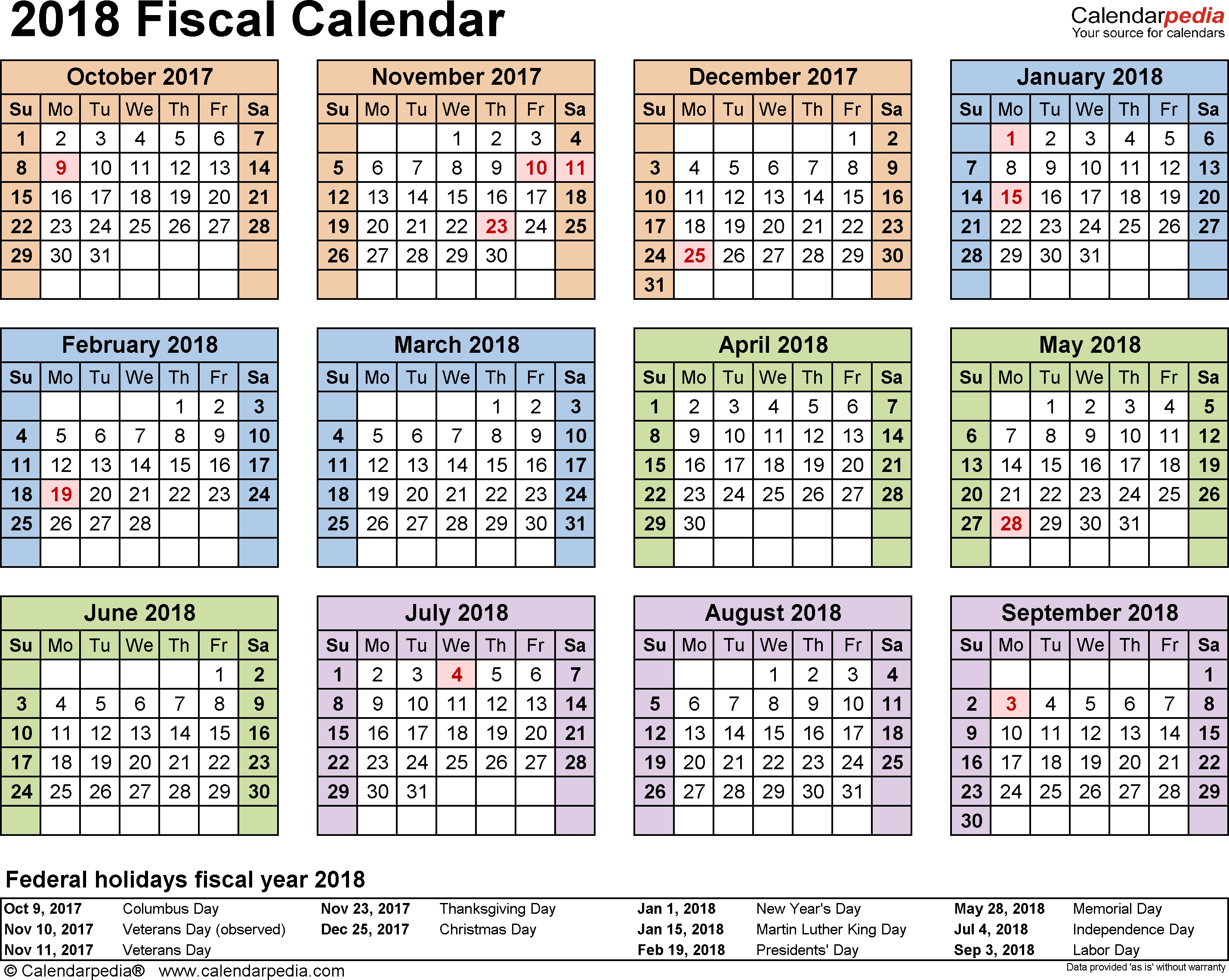 Fiscal Calendars 2018 As Free Printable Pdf Templates  Financial Year Dates
