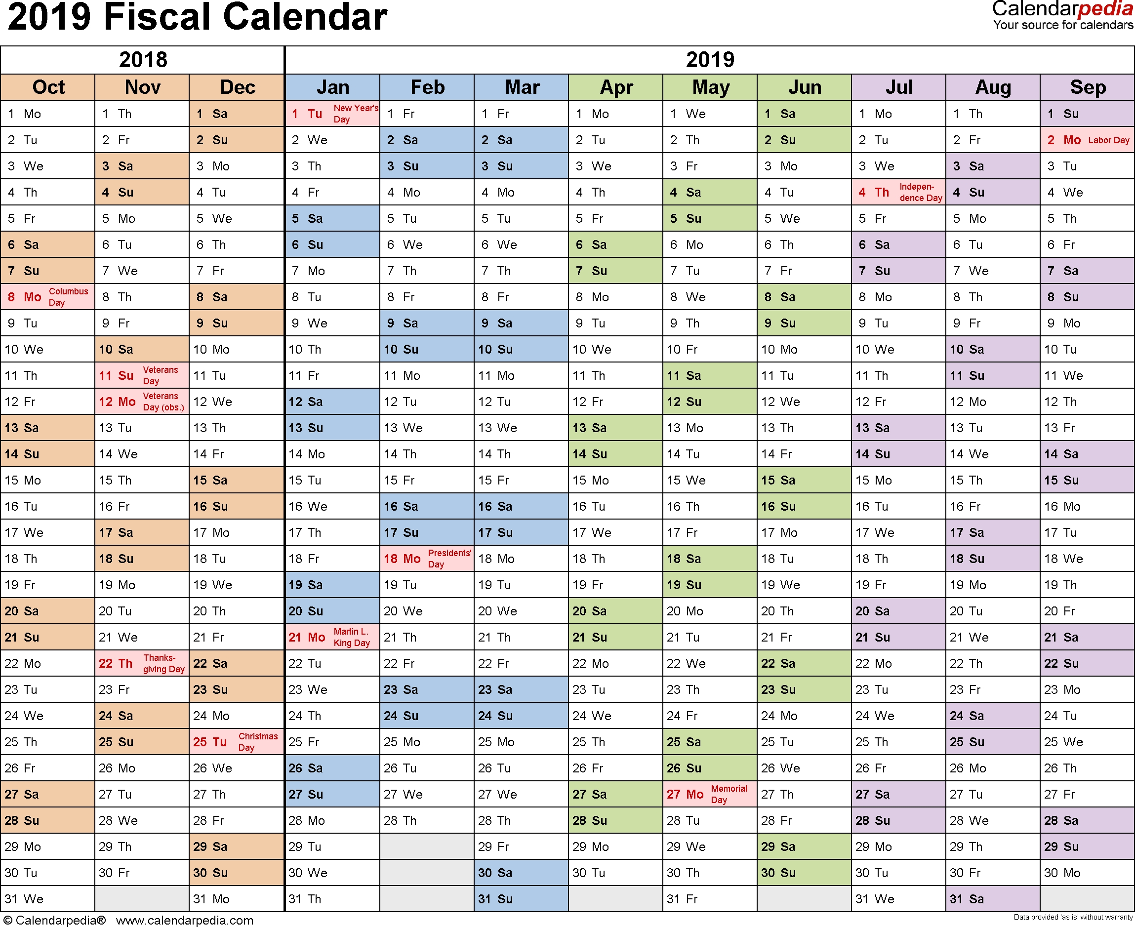 Fiscal Calendars 2019 As Free Printable Pdf Templates  Financial Year Dates