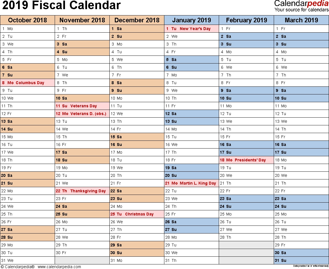 Fiscal Calendars 2019 As Free Printable Pdf Templates  Financial Year Dates