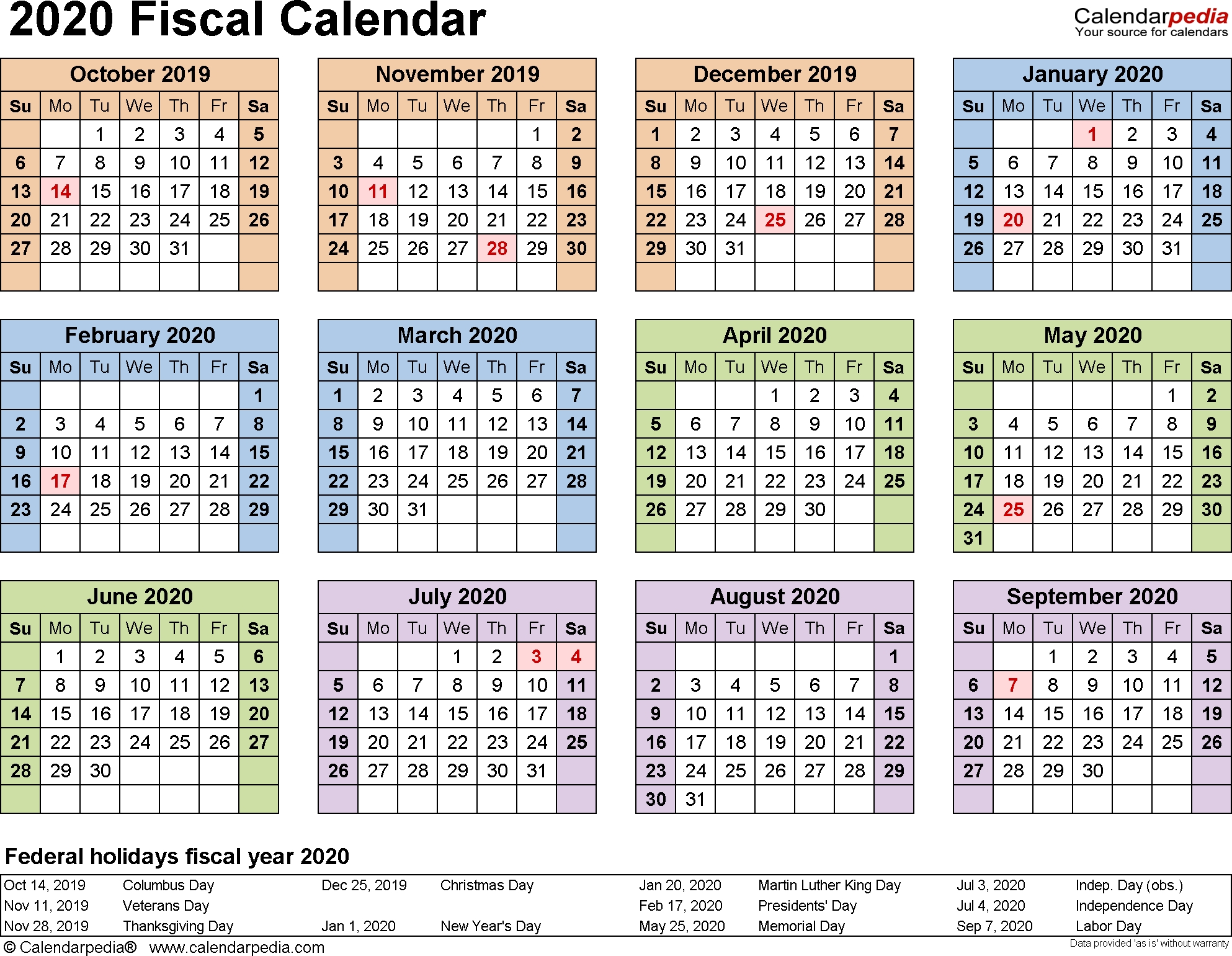 Fiscal Calendars 2020 As Free Printable Pdf Templates  2020 Usps Pay Periods