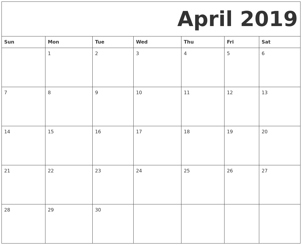 Free Printable April 2019 Calendar Full Page #tumblr  Full Page Monthly Printable Calendars