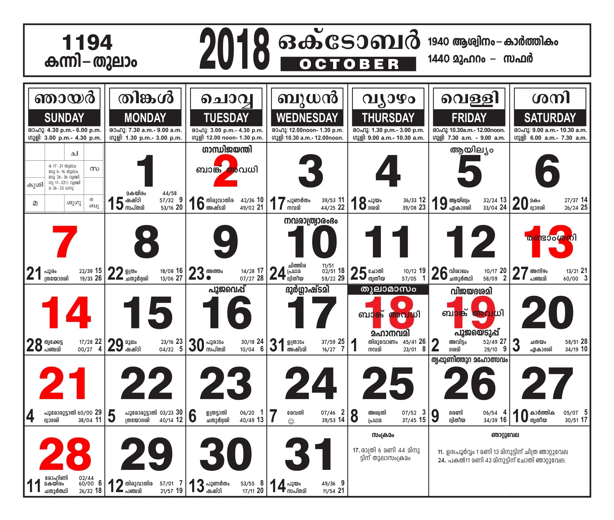 Malayalam Calendar October 2018 – Malayalamcalendars  Kerala Government Calendar 2020 Pdf