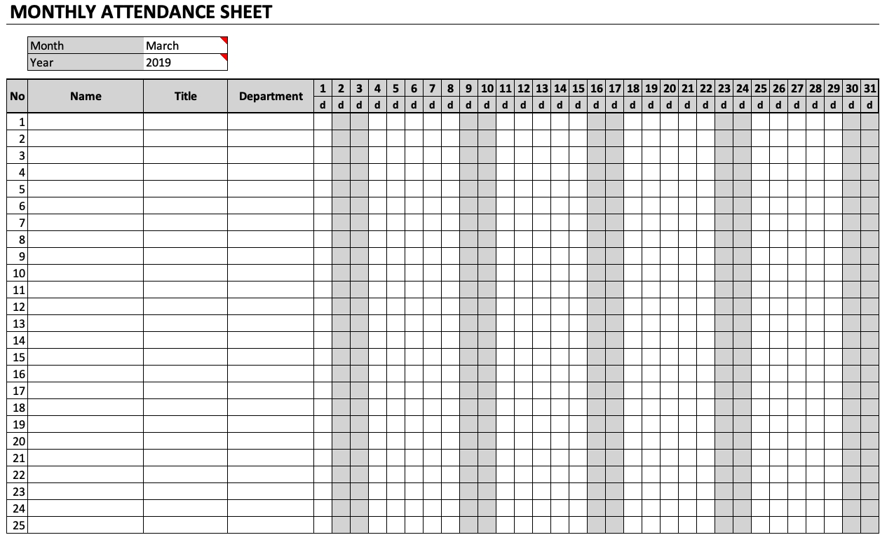 Monthly Attendance Sheet Chart | Free Printable Calendar  Free Printable 2020 Employee Attendance Sheet